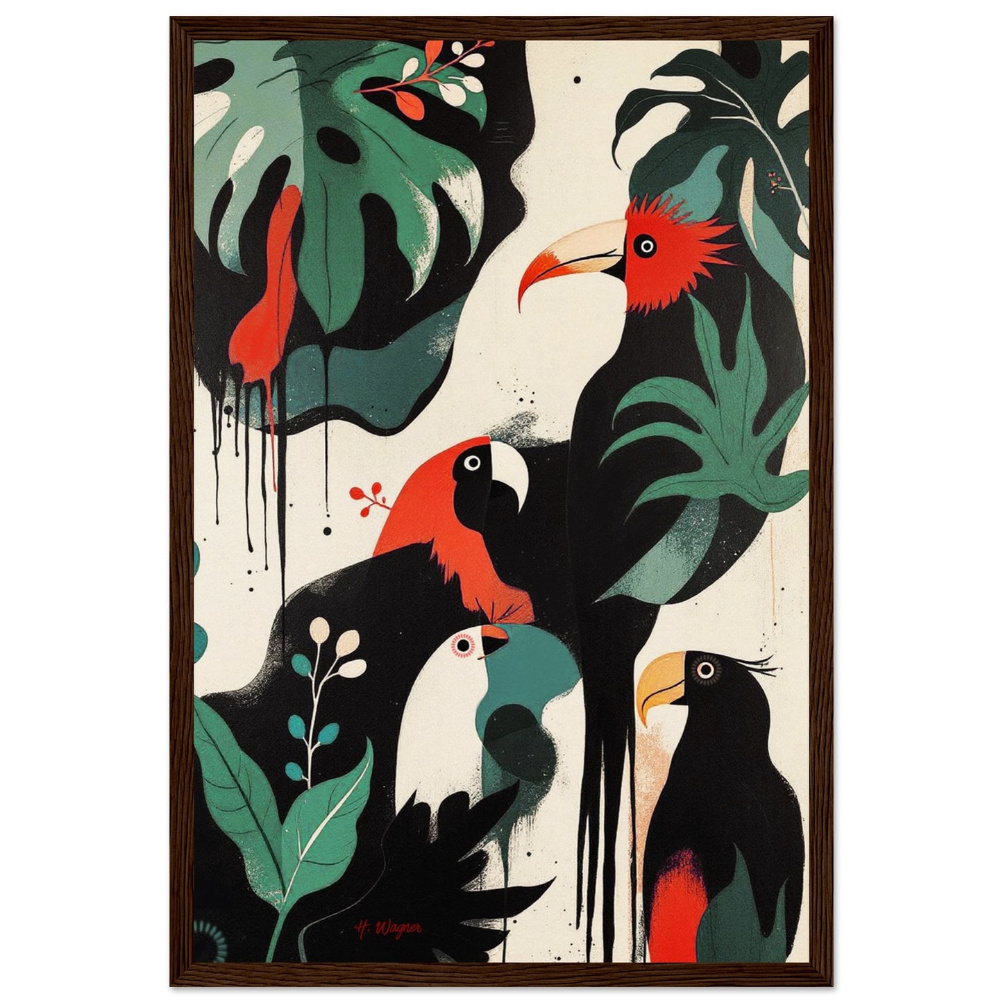 Mid-Century Modern Exotic Bird Art Poster Print - Framed Tropical Parrot Wall Décor Dark Brown Wood Frame 30x45 cm 12x18″ Museum-Quality Matte Wooden Framed Poster