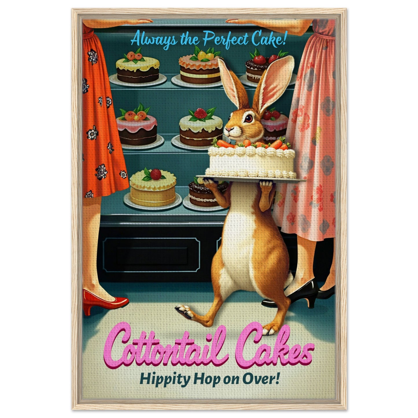 Cottontail Cakes 1950s Rabbit Art Print 60x90 cm 24x36″ Framed Canvas - Light Wood