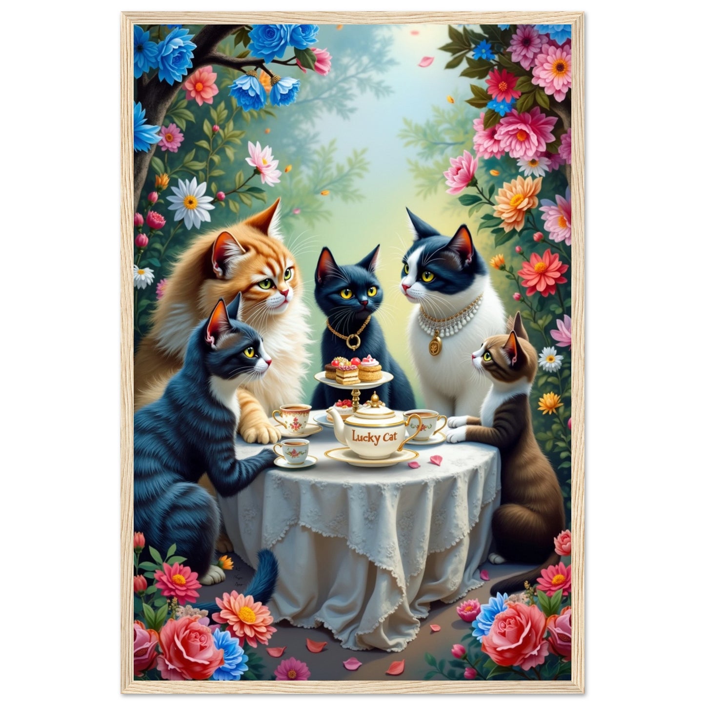 Lucky Cat Garden Tea Party Kitchen Art Print Light Wood Frame 40x60 cm 16x24″ Premium Matte Paper Wooden Framed Poster