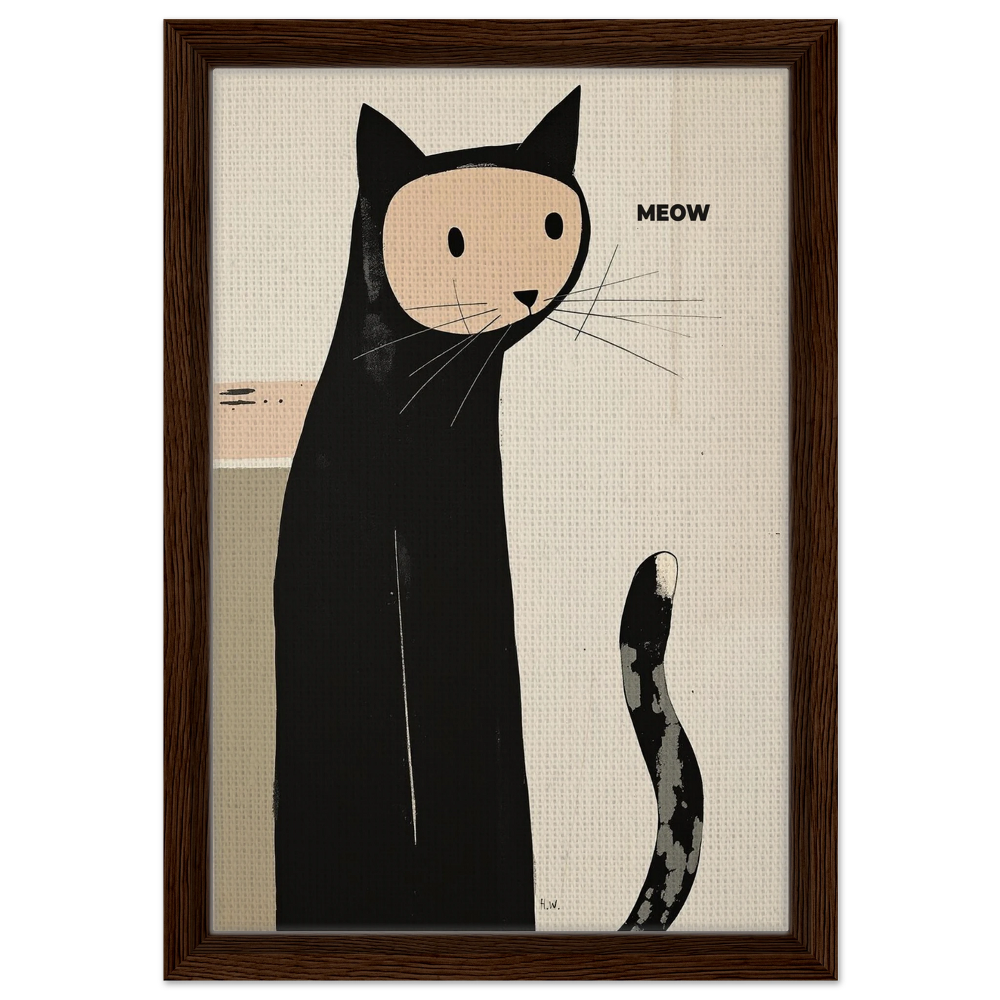 Quirky Modern Cat Art Poster Print 30x45 cm 12x18″ Framed Canvas Dark Brown Wood Frame