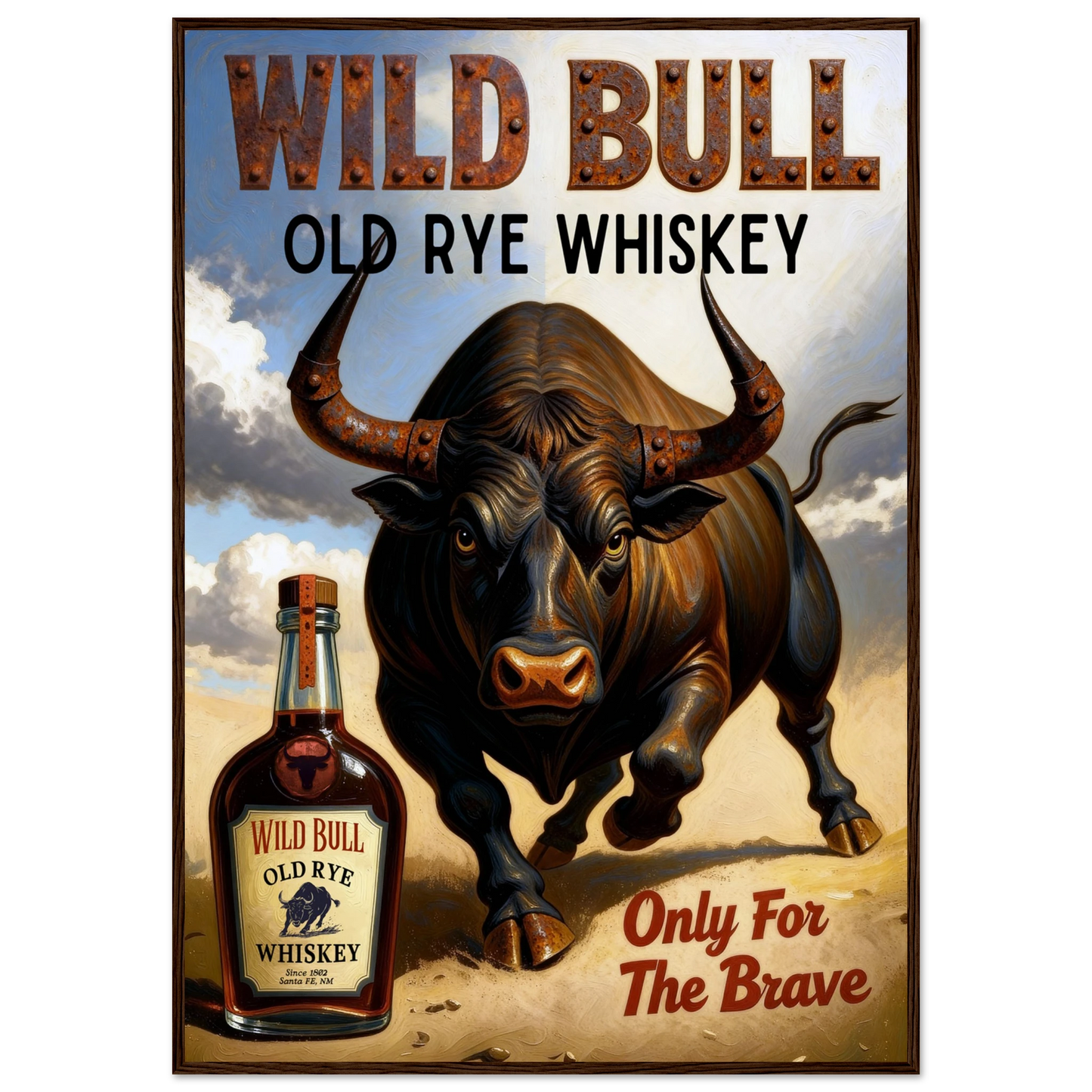 Wild Bull Old West Rye Whiskey Poster Print 70x100 cm 28x40″ Premium Matte Framed Poster Dark Brown Wood Frame