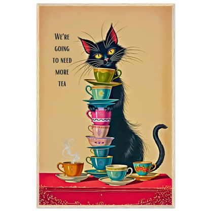 Quirky Cat Funny Tea Art Print 60x90 cm 24x36″ Museum-Quality Matte Paper Wooden Framed Poster Light Wood Frame