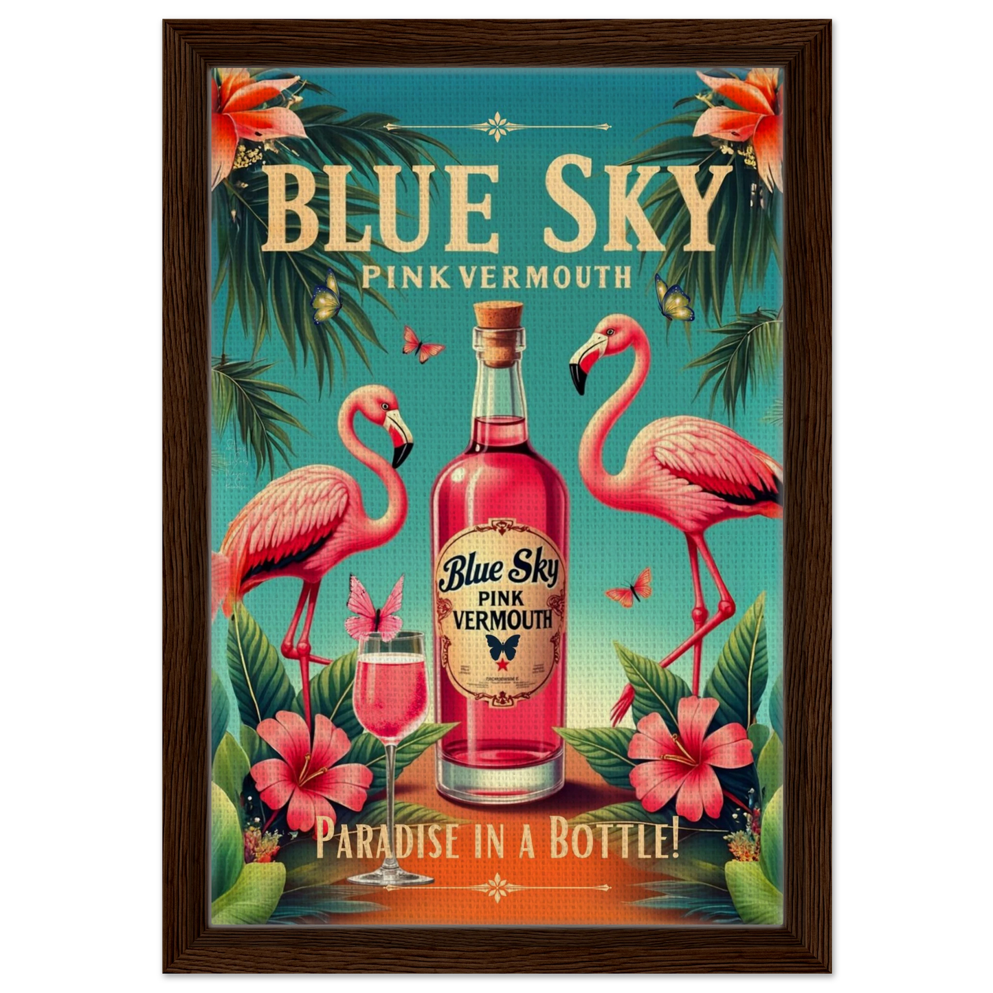 Vintage Pink Flamingo Tiki Bar Art Print 30x45 cm 12x18″ Framed Canvas Dark Brown Wood Frame