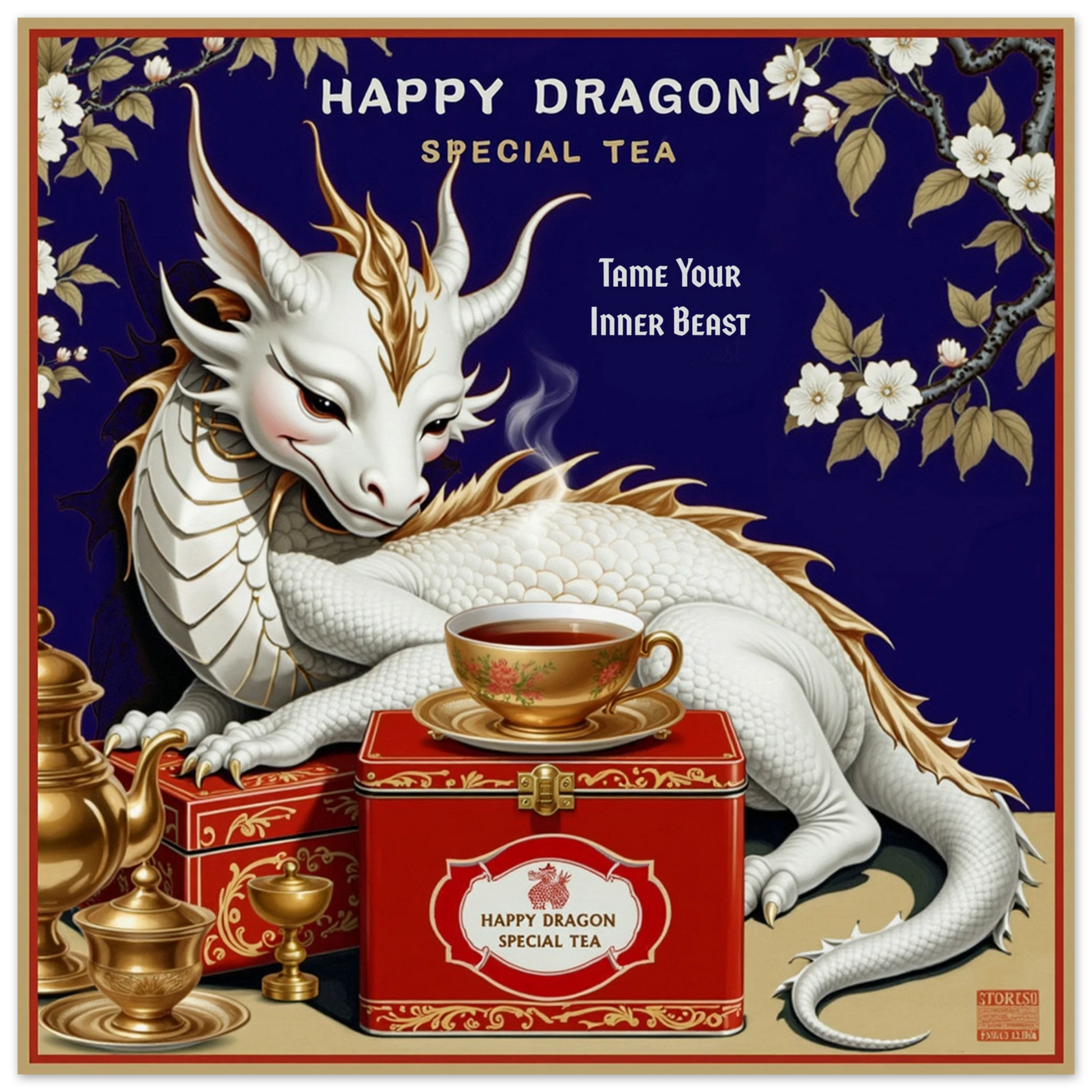 Happy Dragon Tea Art Print 40x40 cm 16x16″ Museum-Quality Matte Paper Poster No Frame