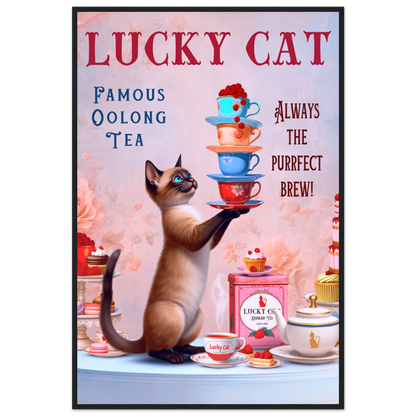 Siamese Lucky Cat Vintage Tea Art Print 60x90 cm 24x36″ Premium Matte Paper Wooden Framed Poster Black Wood Frame