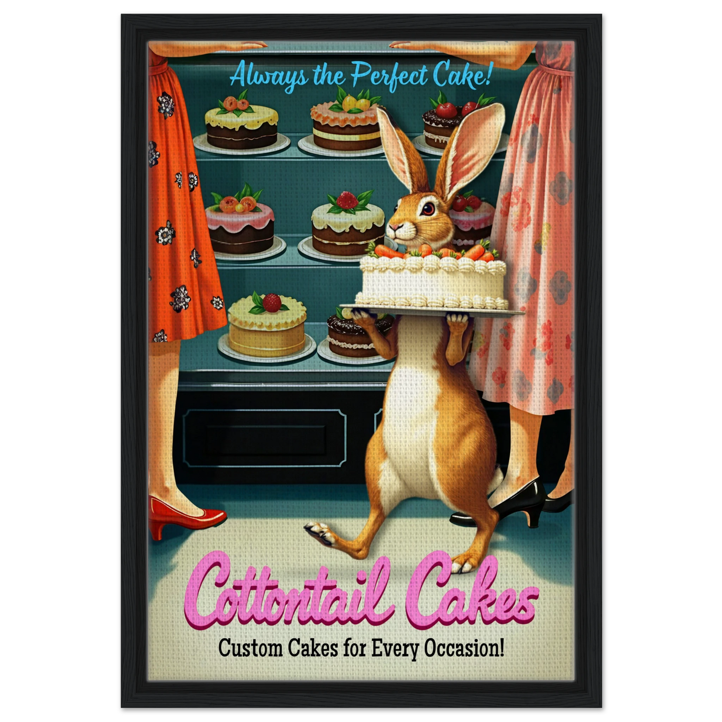 Cottontail Rabbit Bakery 1950s Kitchen Print Black Wood frame 40x60 cm 16x24″ Framed Canvas