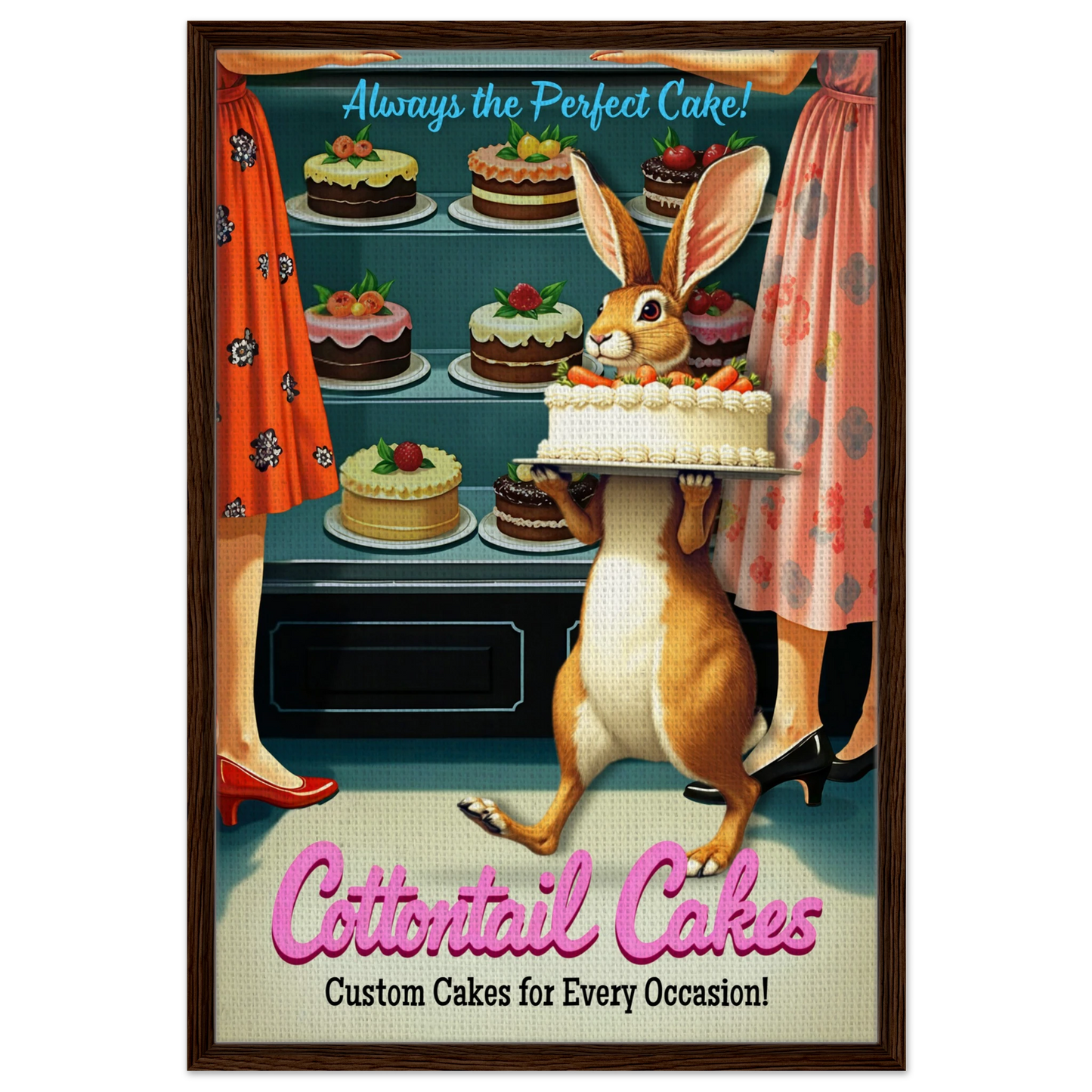 Cottontail Rabbit Bakery 1950s Kitchen Print Dark Brown Wood Frame 60x90 cm 24x36″ Framed Canvas