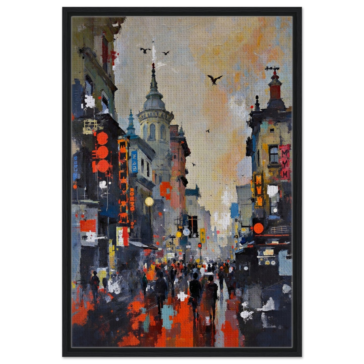 Gothic City Street Art Print - European Cityscape 60x90 cm 24x36″ Framed Canvas - Black Wood