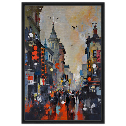 Gothic City Street Art Print - European Cityscape 60x90 cm 24x36″ Framed Canvas - Black Wood