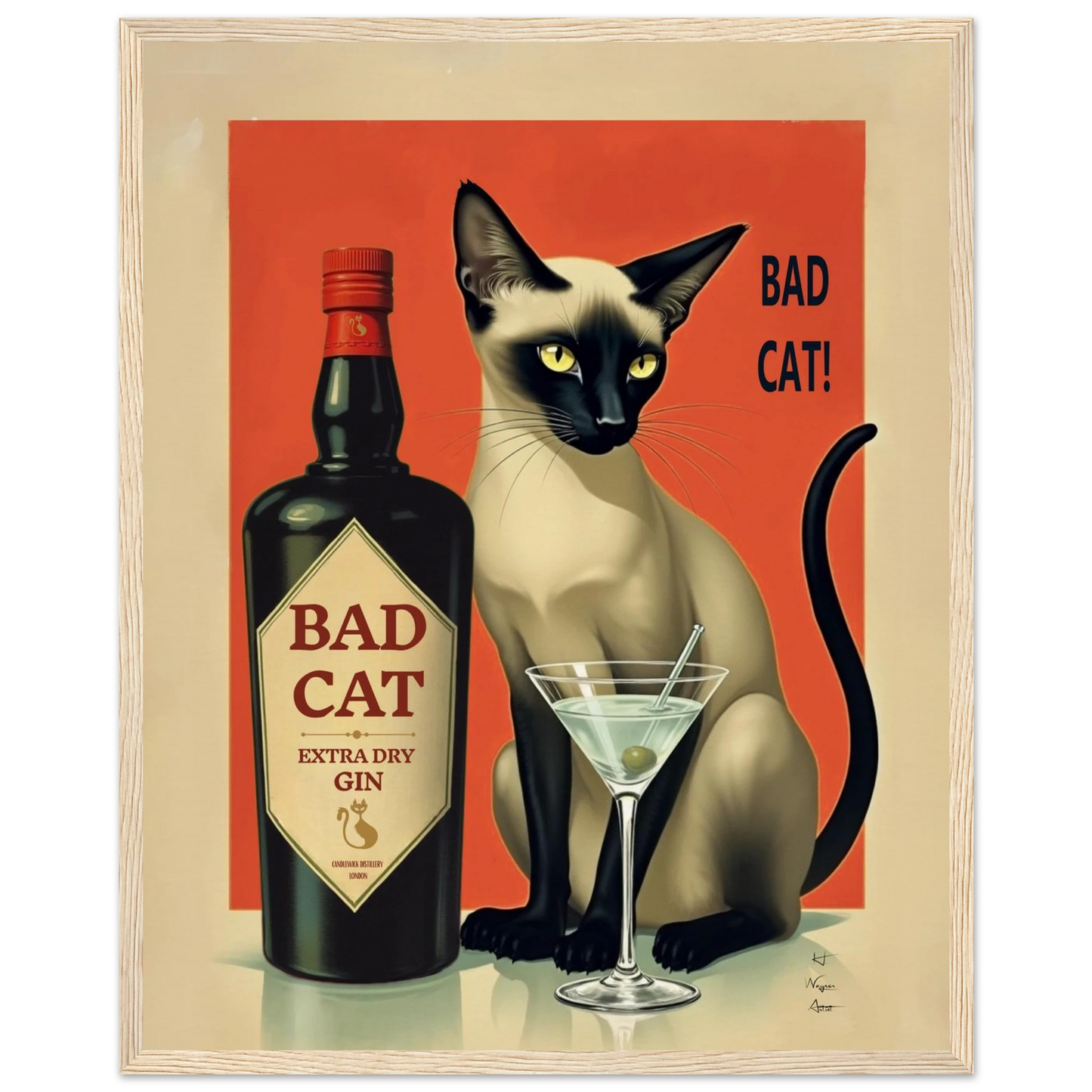 Siamese Cat Gin Martini Cocktail Art Print 40x50 cm 16x20″ Museum-Quality Matte Paper Wooden Framed Poster Light Wood Frame