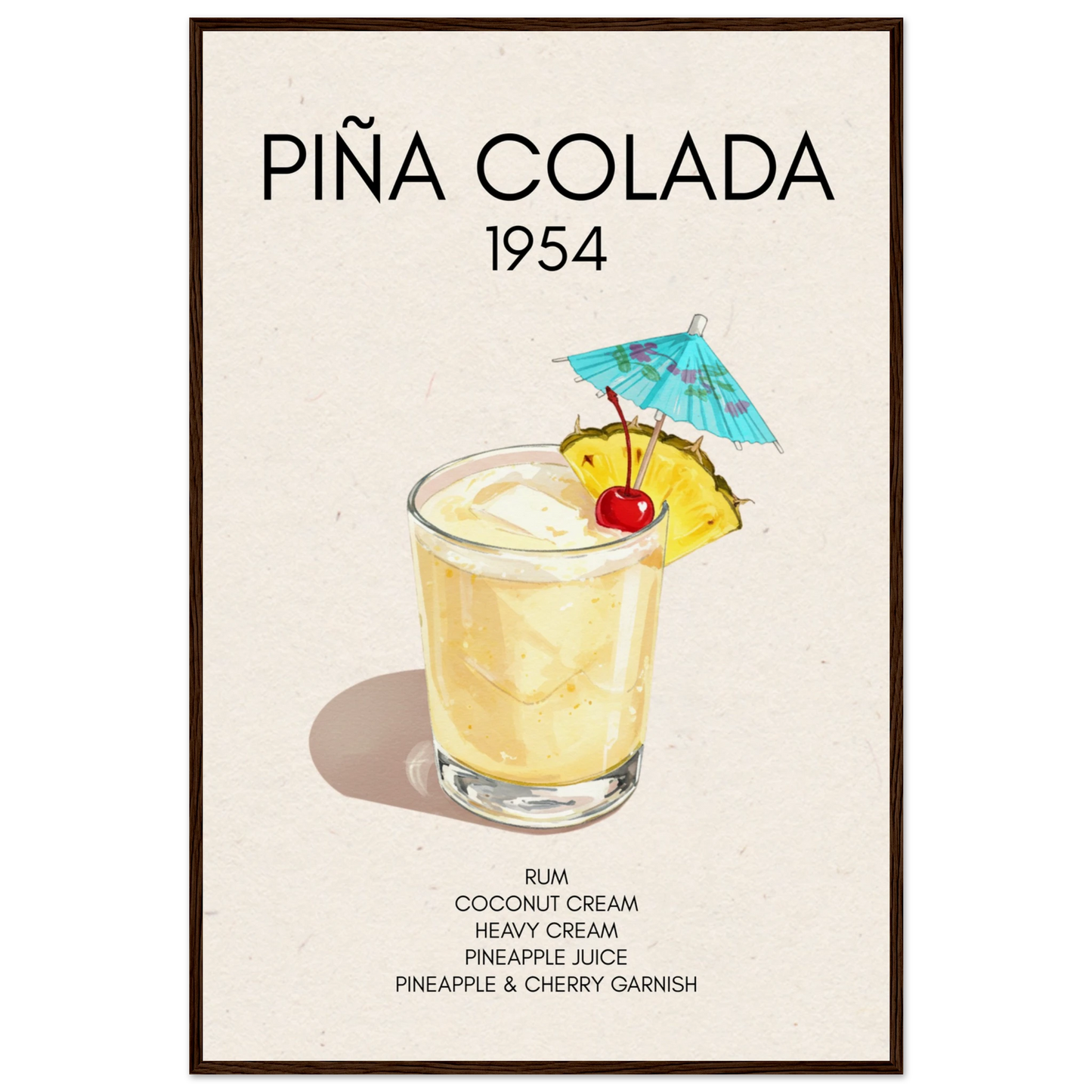 Pina Colada Cocktail Bar Poster Print Dark Brown Wood Frame 60x90 cm 24x36″ Museum-Quality Matte Paper Wooden Framed Poster
