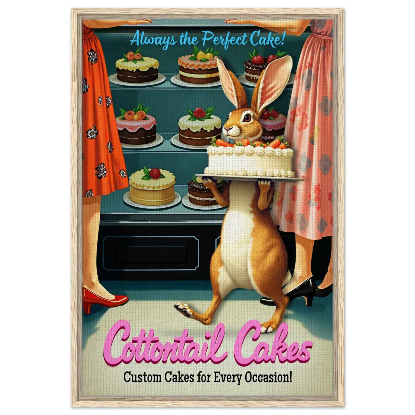 Cottontail Rabbit Bakery 1950s Kitchen Print Light Wood Frame 60x90 cm 24x36″ Framed Canvas
