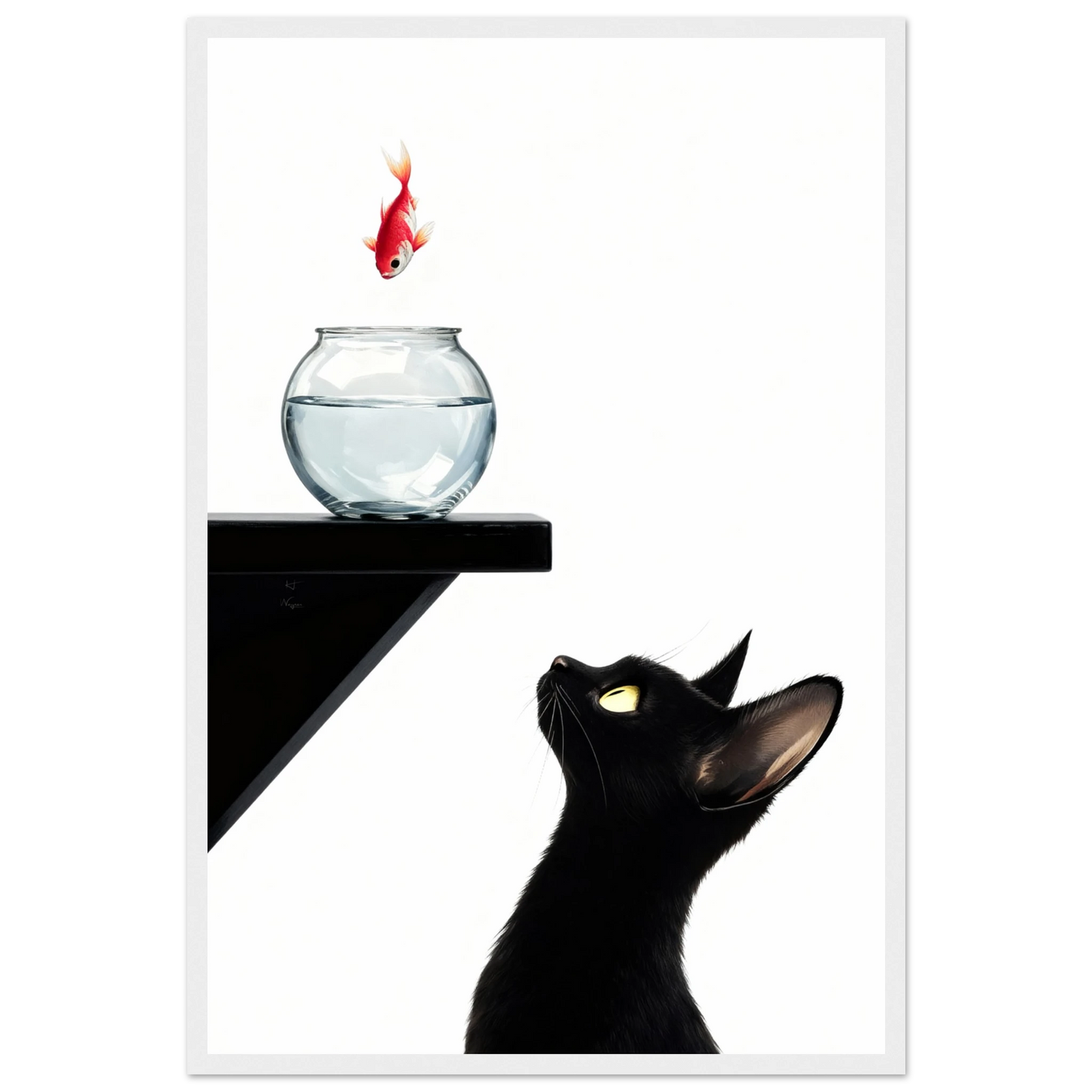 Curious Black Cat Goldfish Minimalist Art Print 40x60 cm 16x24″ Premium Matte Framed Poster - White Wood