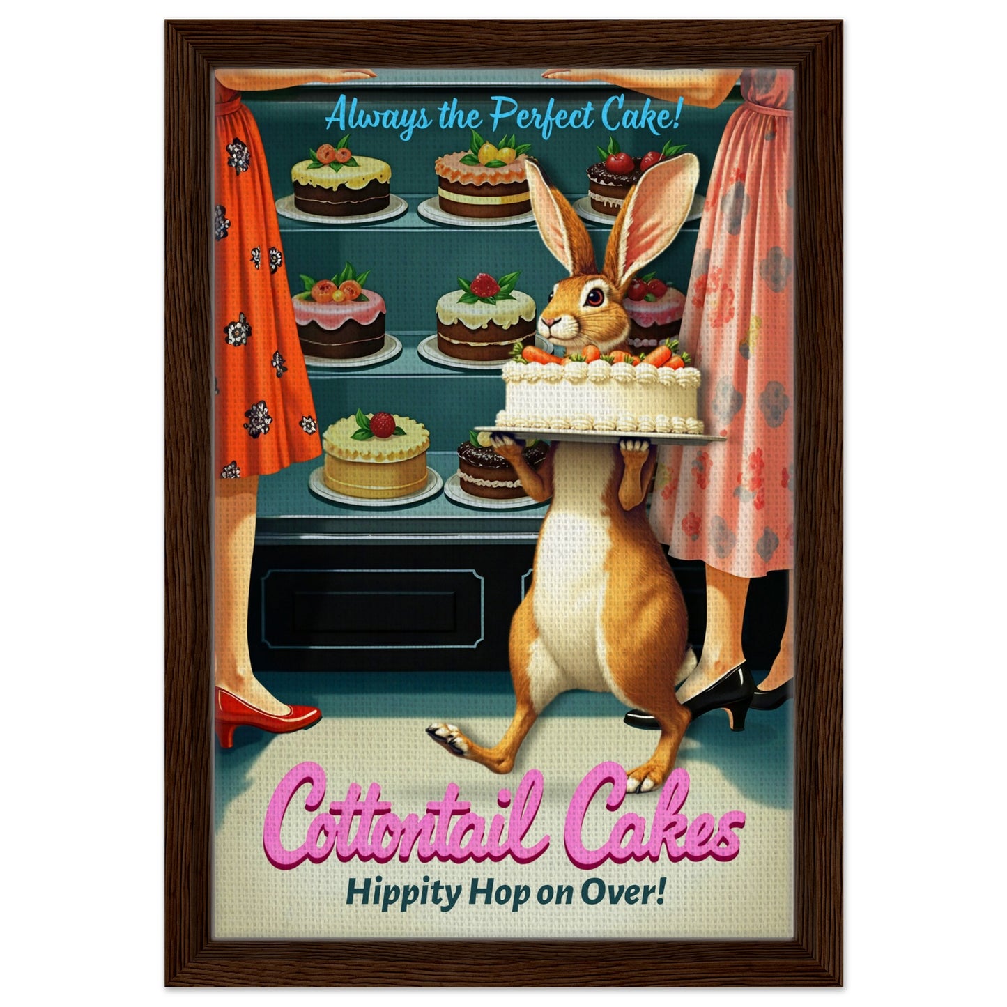 Cottontail Cakes 1950s Rabbit Art Print 30x45 cm 12x18″ Framed Canvas - Dark Brown Wood