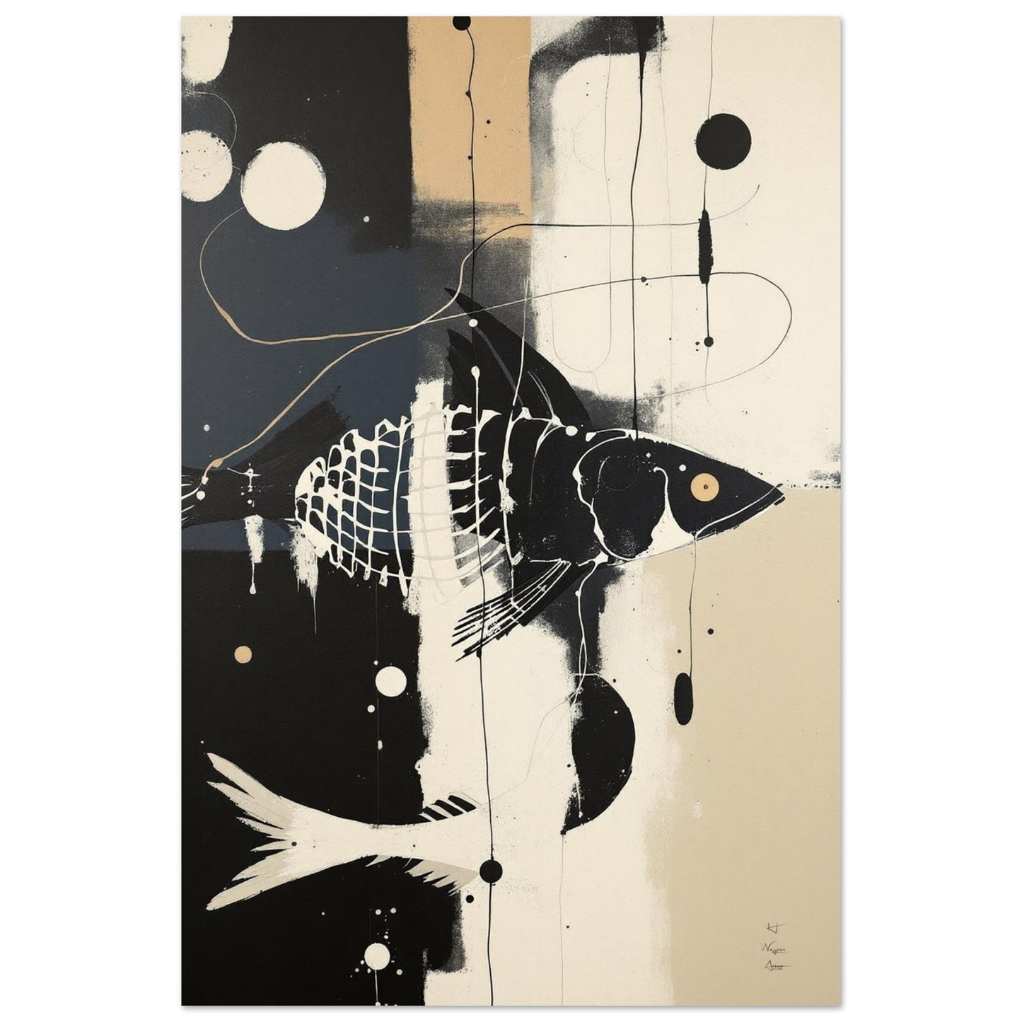 Abstract Fish Art Poster Print – Framed Modern Neutral Wall Décor White Wood Frame 60x90 cm 24x36″ Premium Matte Framed Poster