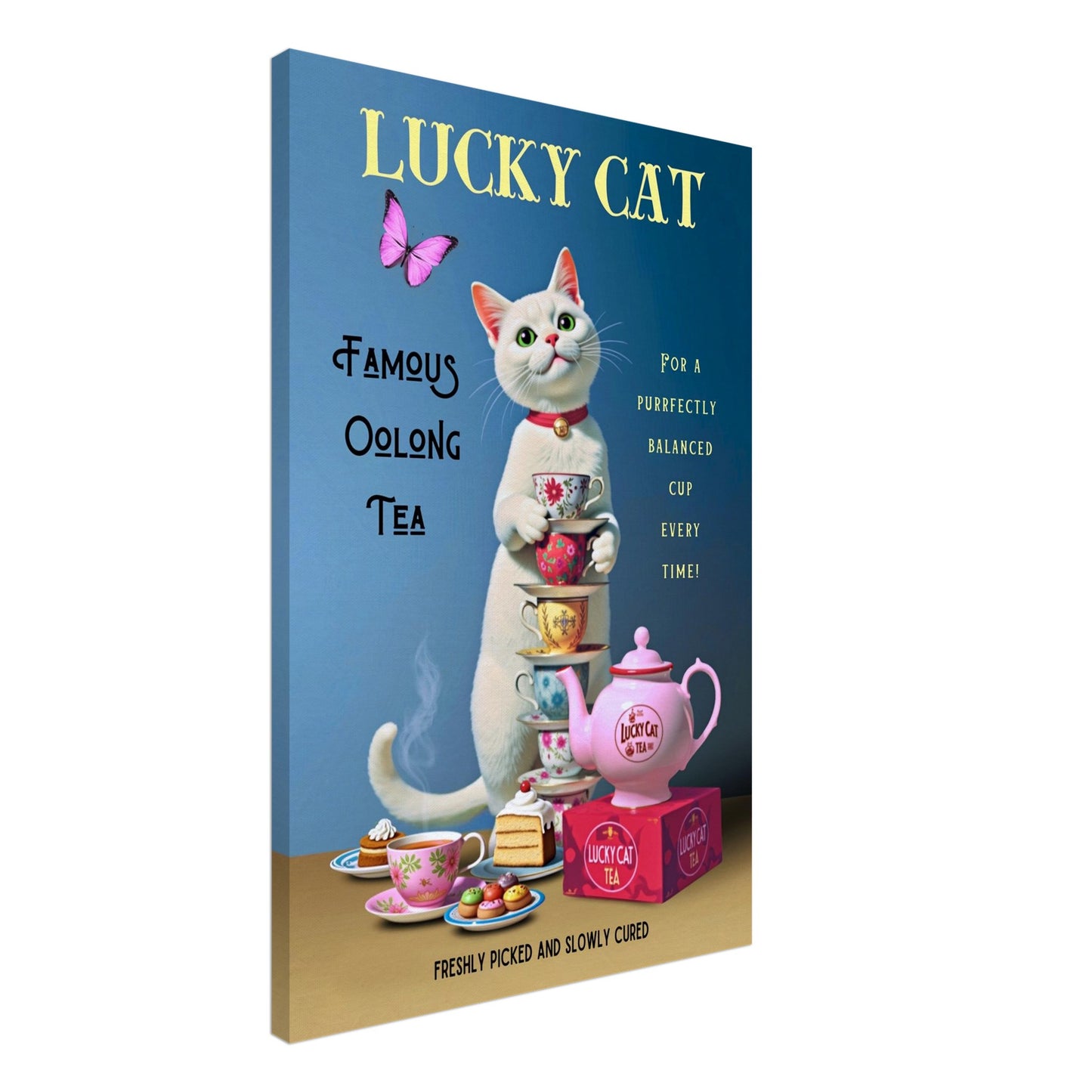 White Lucky Cat Tea Vintage Fine Art Print No Frame 60x90 cm 24x36″ Gallery Wrapped Canvas