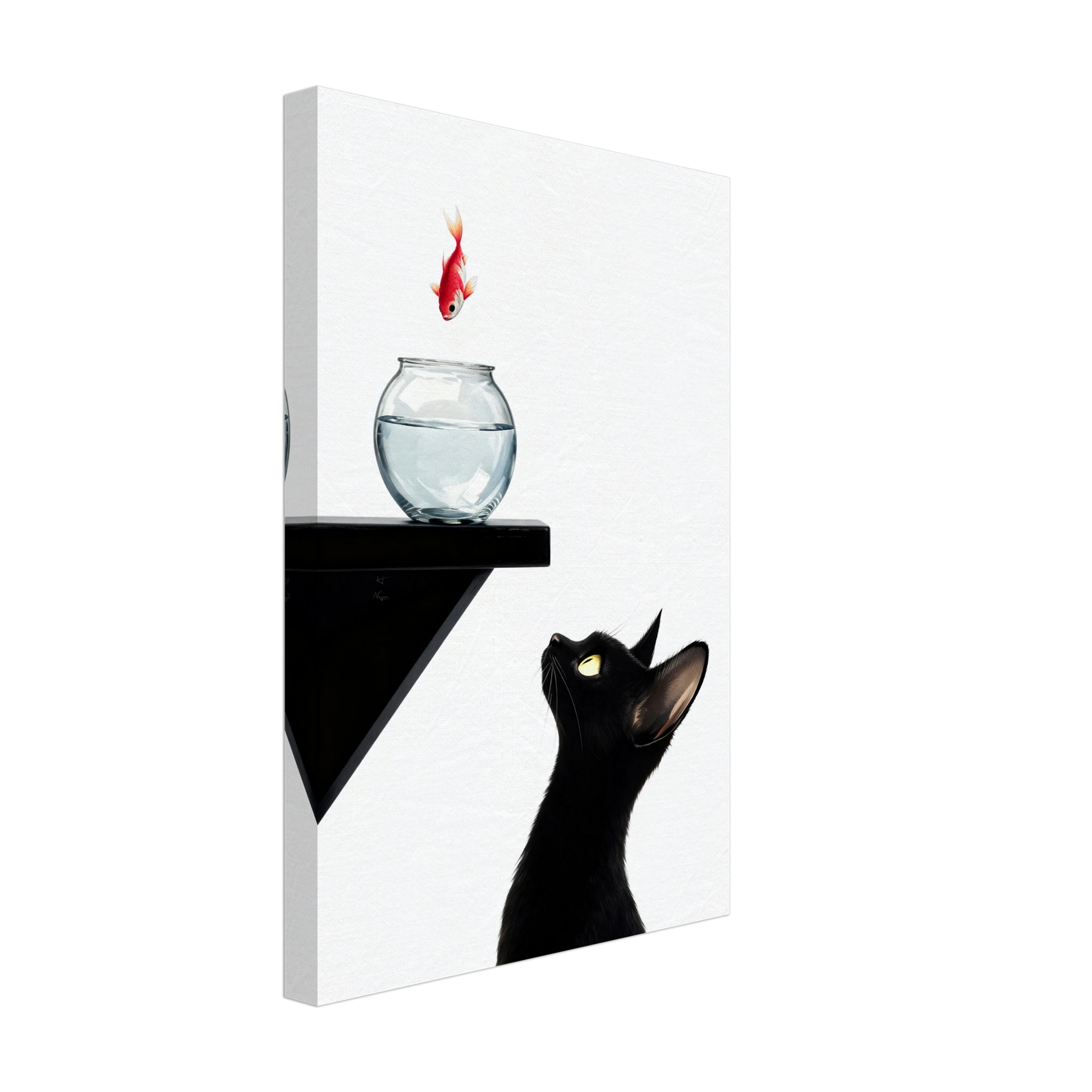 Curious Black Cat Goldfish Minimalist Art Print 30x45 cm 12x18″ Gallery Wrapped Canvas