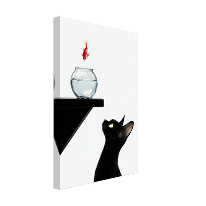 Curious Black Cat Goldfish Minimalist Art Print 30x45 cm 12x18″ Gallery Wrapped Canvas