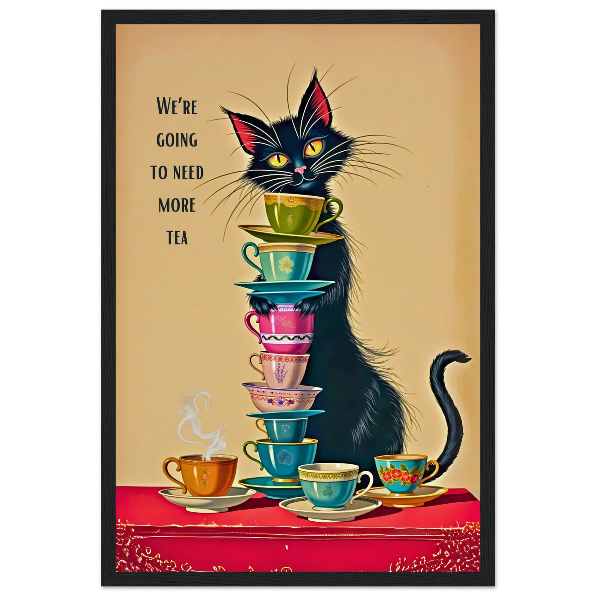 Quirky Cat Funny Tea Art Print 30x45 cm 12x18″ Museum-Quality Matte Paper Wooden Framed Poster Black Wood frame