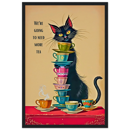 Quirky Cat Funny Tea Art Print 30x45 cm 12x18″ Museum-Quality Matte Paper Wooden Framed Poster Black Wood frame