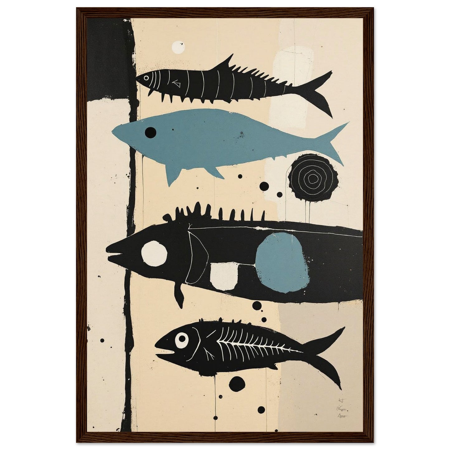 Mid-Century Modern Fish Art Poster Print – Framed Abstract Neutral Wall Decor Dark Brown Wood Frame 30x45 cm 12x18″ Museum-Quality Matte Wooden Framed Poster