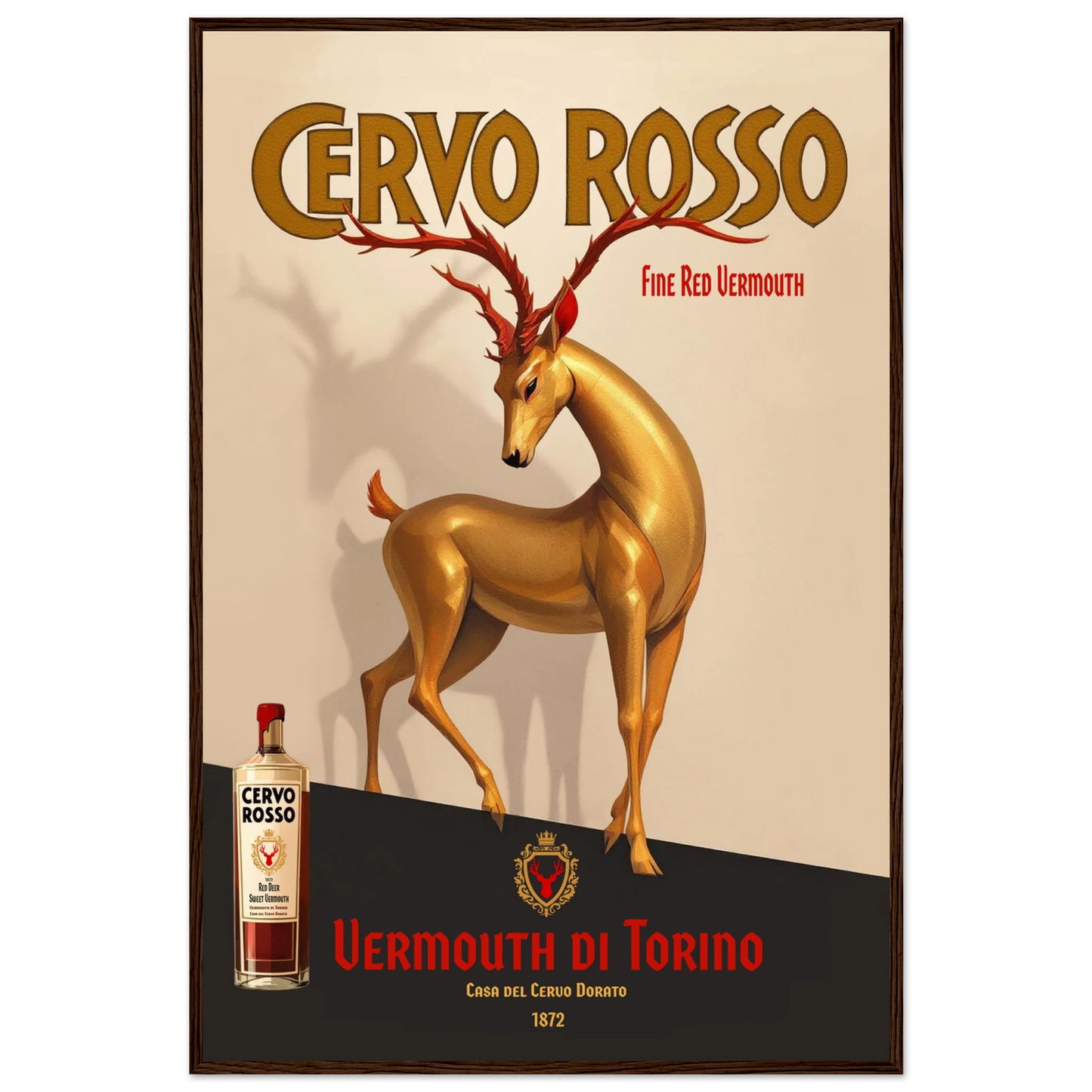 Art Deco Golden Deer Cocktail Bar Poster Print 60x90 cm 24x36″ Classic Matte Paper Wooden Framed Poster Dark Brown Wood Frame