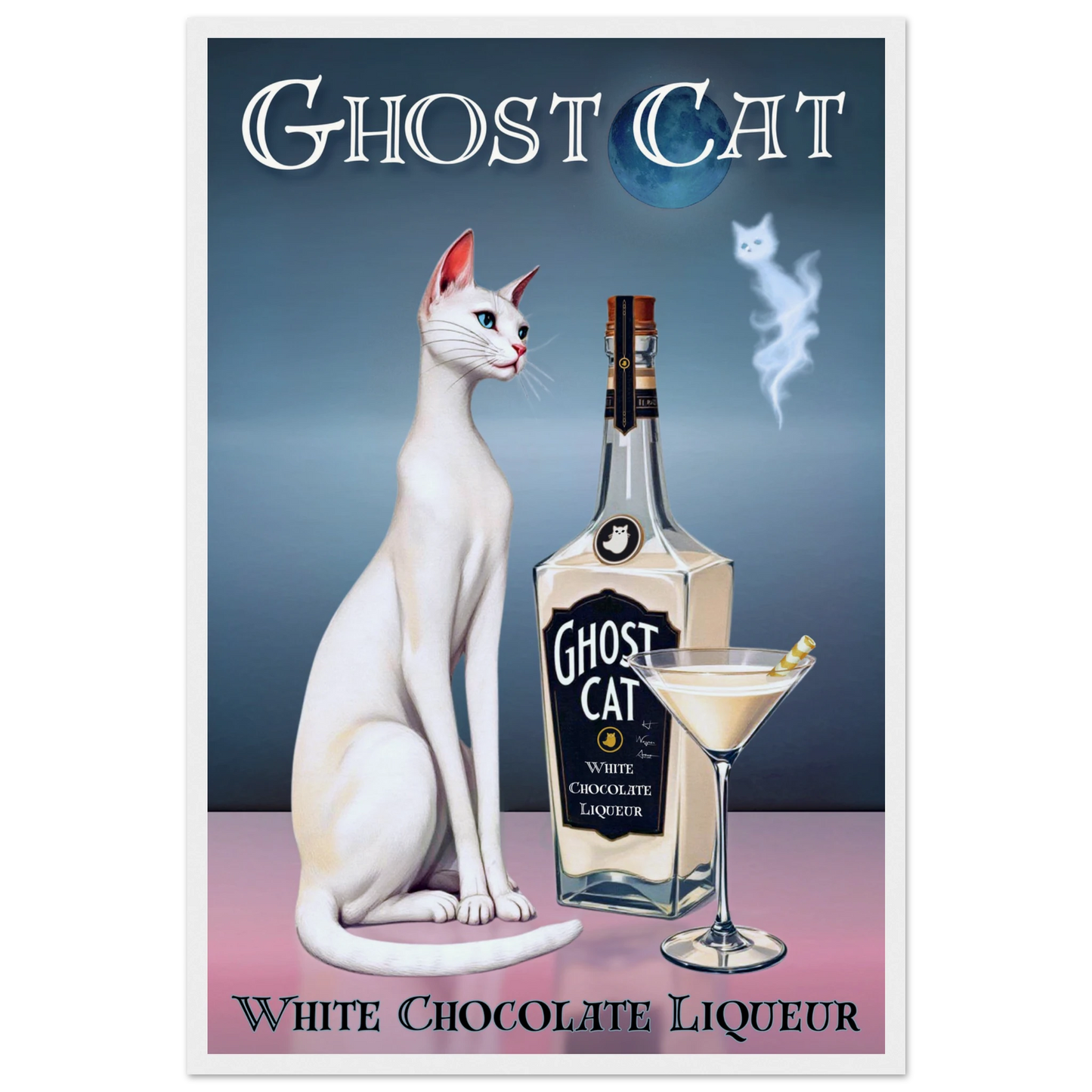 White Cat Martini Cocktail Bar Art Print 40x60 cm 16x24″ Museum-Quality Matte Paper Wooden Framed Poster White Wood Frame