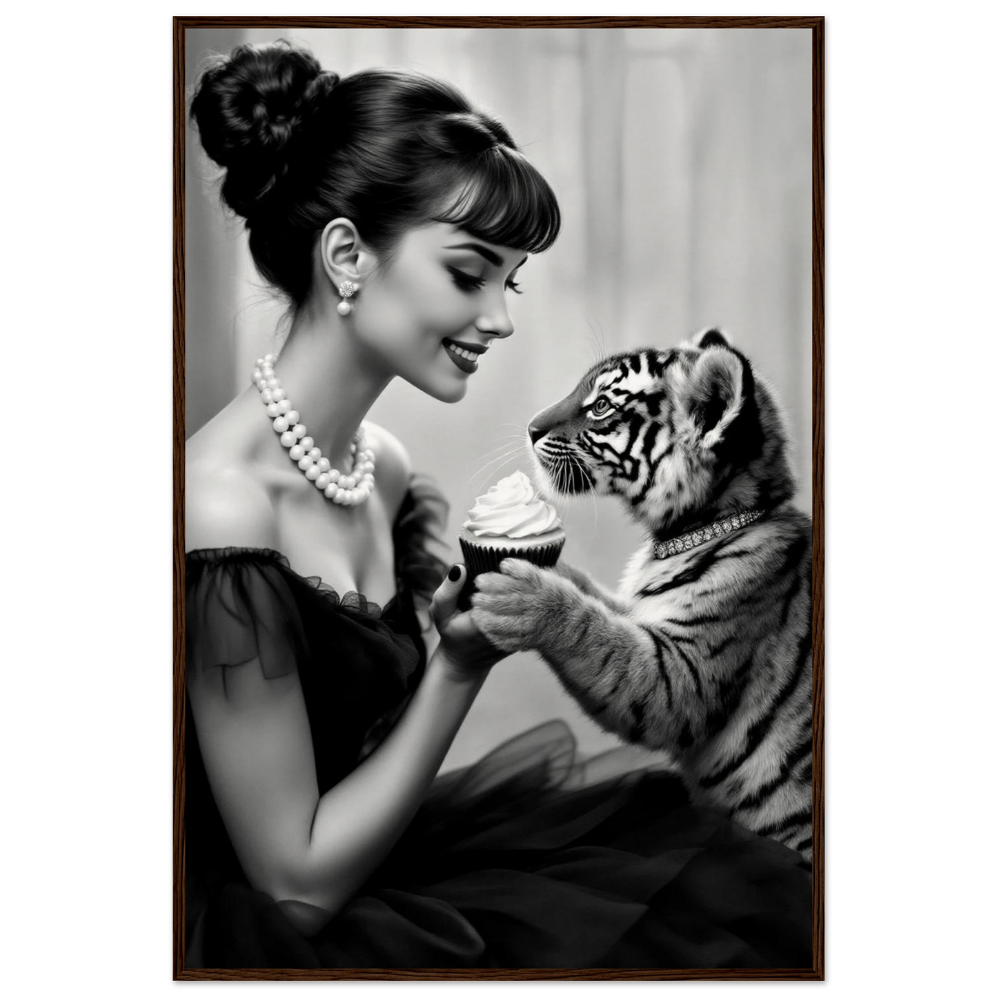 Audrey Hepburn Tiger Cub Art Print Dark Brown Wood Frame 60x90 cm 24x36″ Museum-Quality Matte Paper Wooden Framed Poster