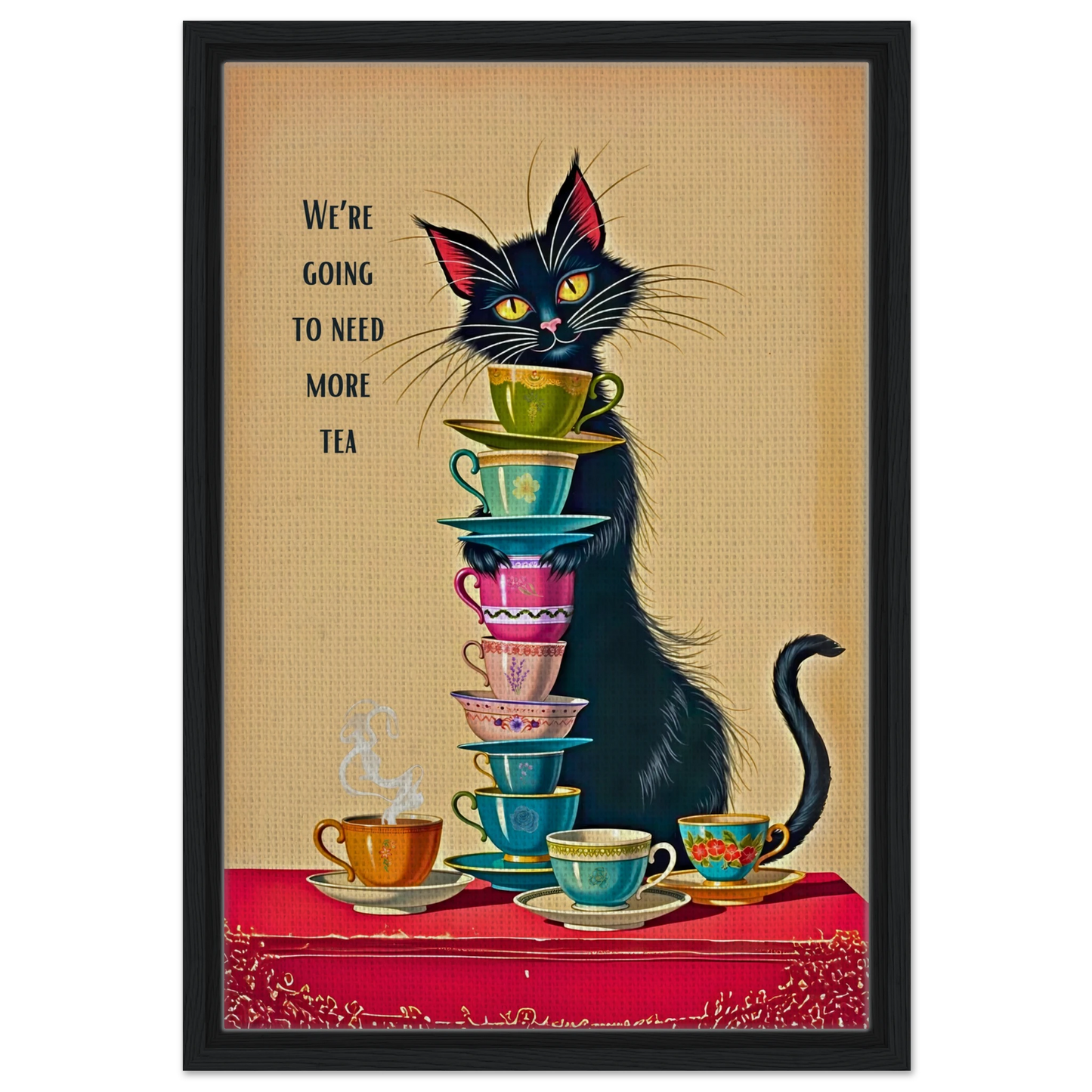 Quirky Cat Funny Tea Art Print 40x60 cm 16x24″ Framed Canvas Black Wood frame