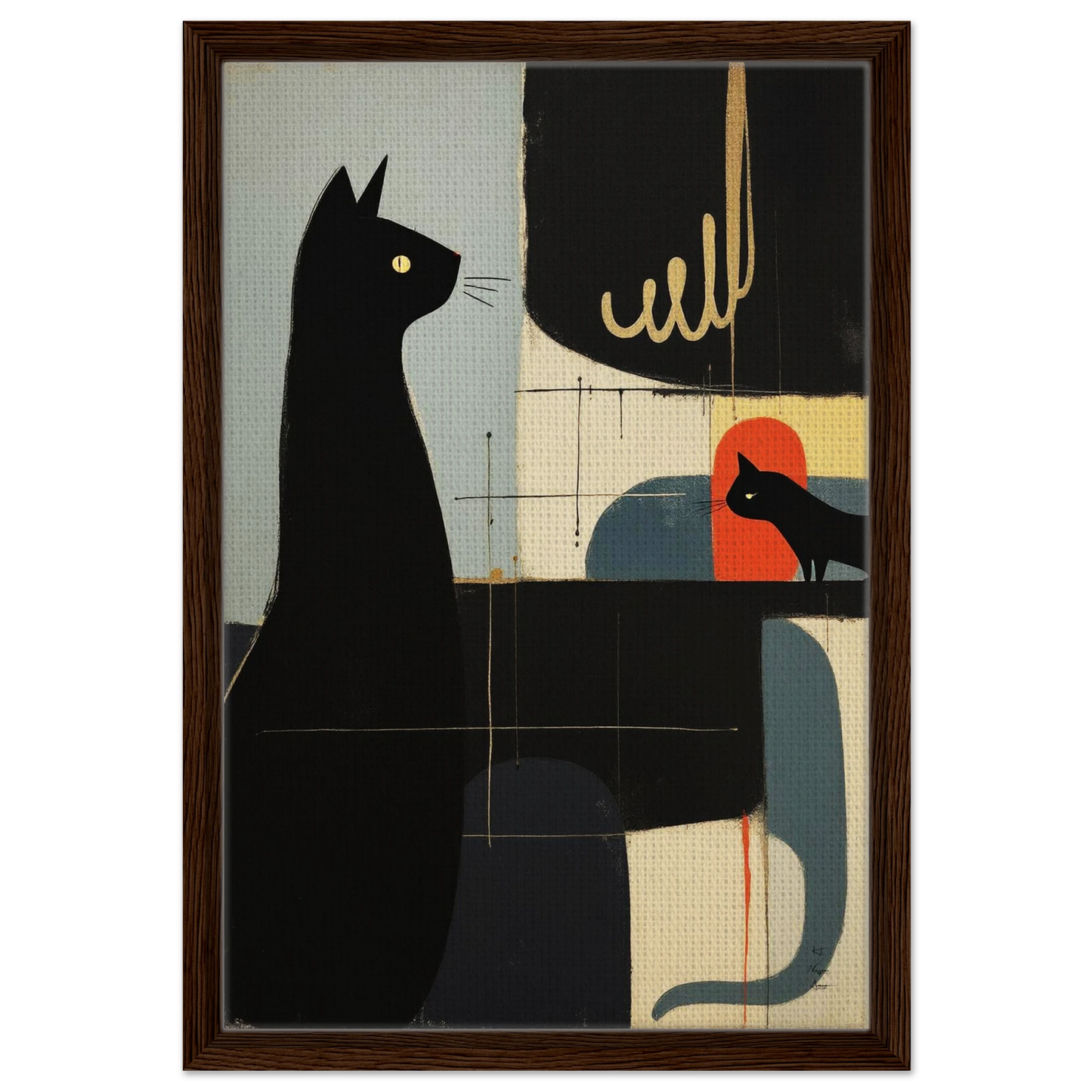 Abstract Cat & Kitten Modern Art Print Dark Brown Wood Frame 40x60 cm 16x24″ Framed Canvas