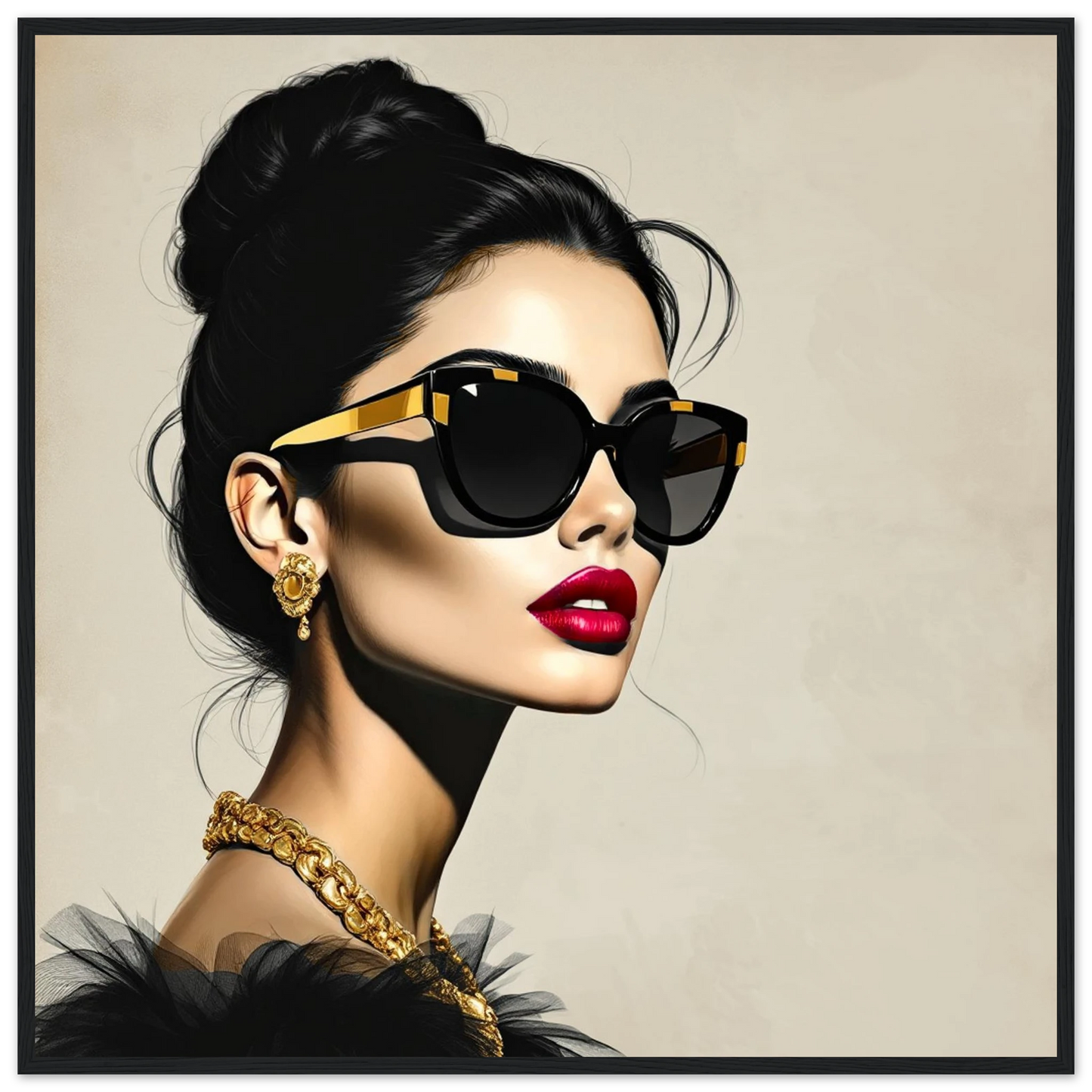 Golden Girl Chic Runway Model Art Print 70x70 cm 28x28″ Classic Matte Wooden Framed Poster