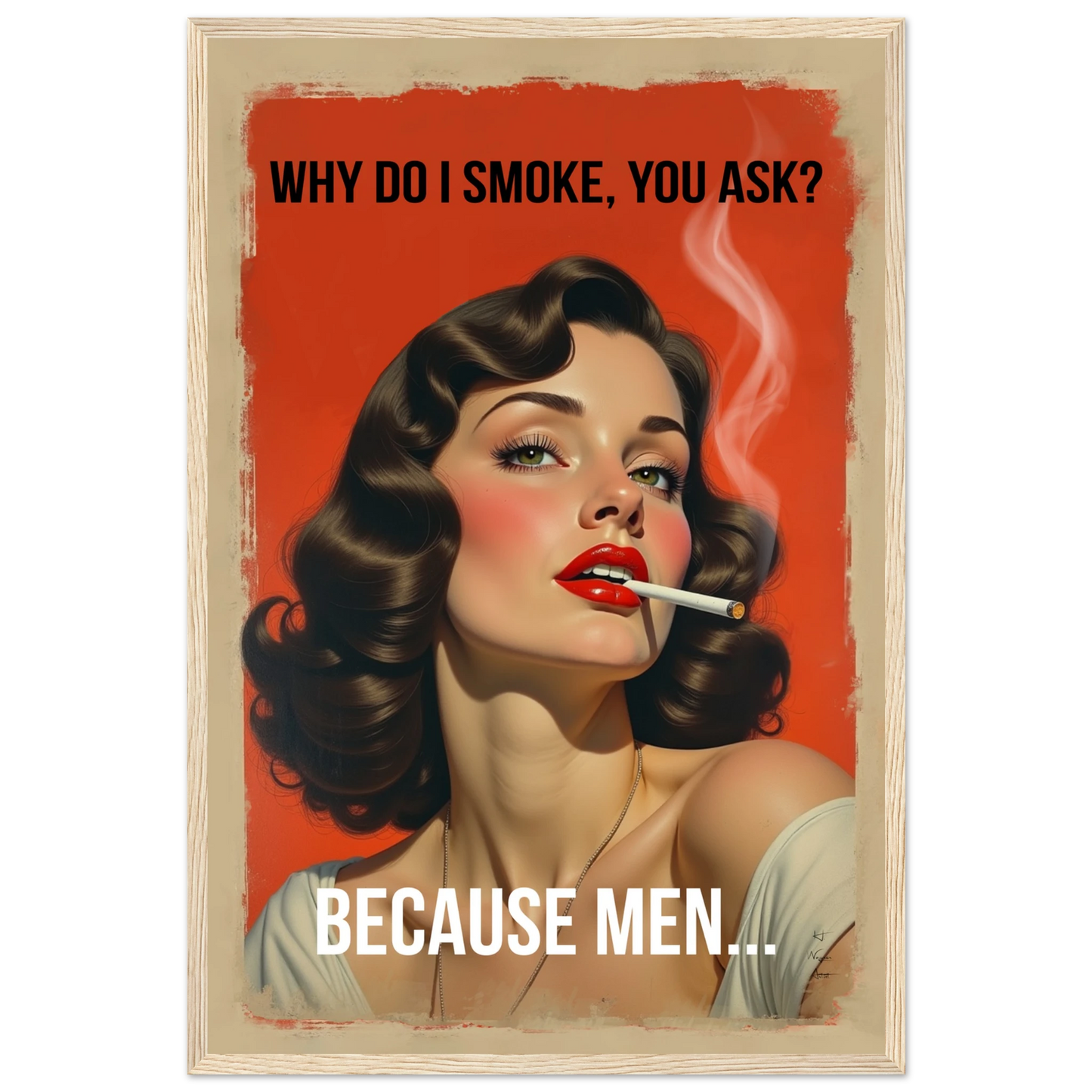 Retro Smoking Pin-Up Girl Art Print Light Wood Frame 40x60 cm 16x24″ Premium Matte Paper Wooden Framed Poster