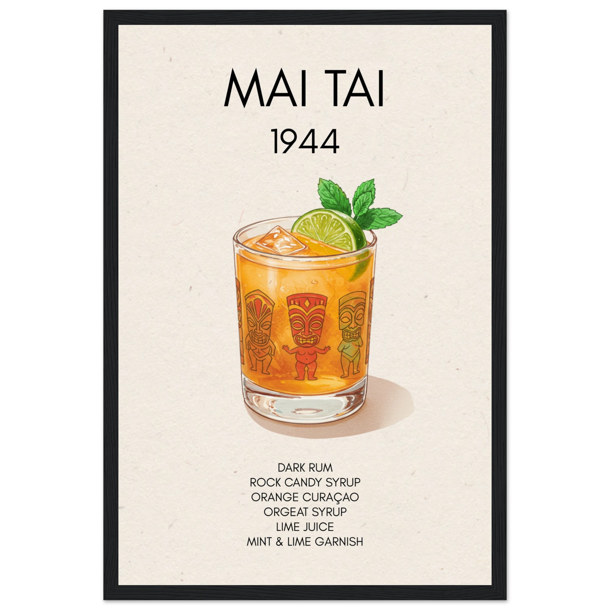 Mai Tai Tropical Cocktail Bar Poster Print Black Wood Frame 30x45 cm 12x18″ Museum-Quality Matte Paper Wooden Framed Poster