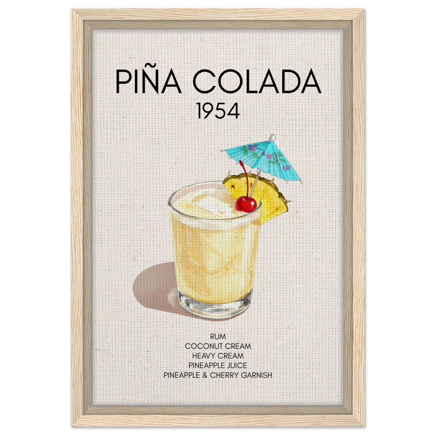 Pina Colada Cocktail Bar Poster Print Light Wood Frame 30x45 cm 12x18″ Framed Canvas