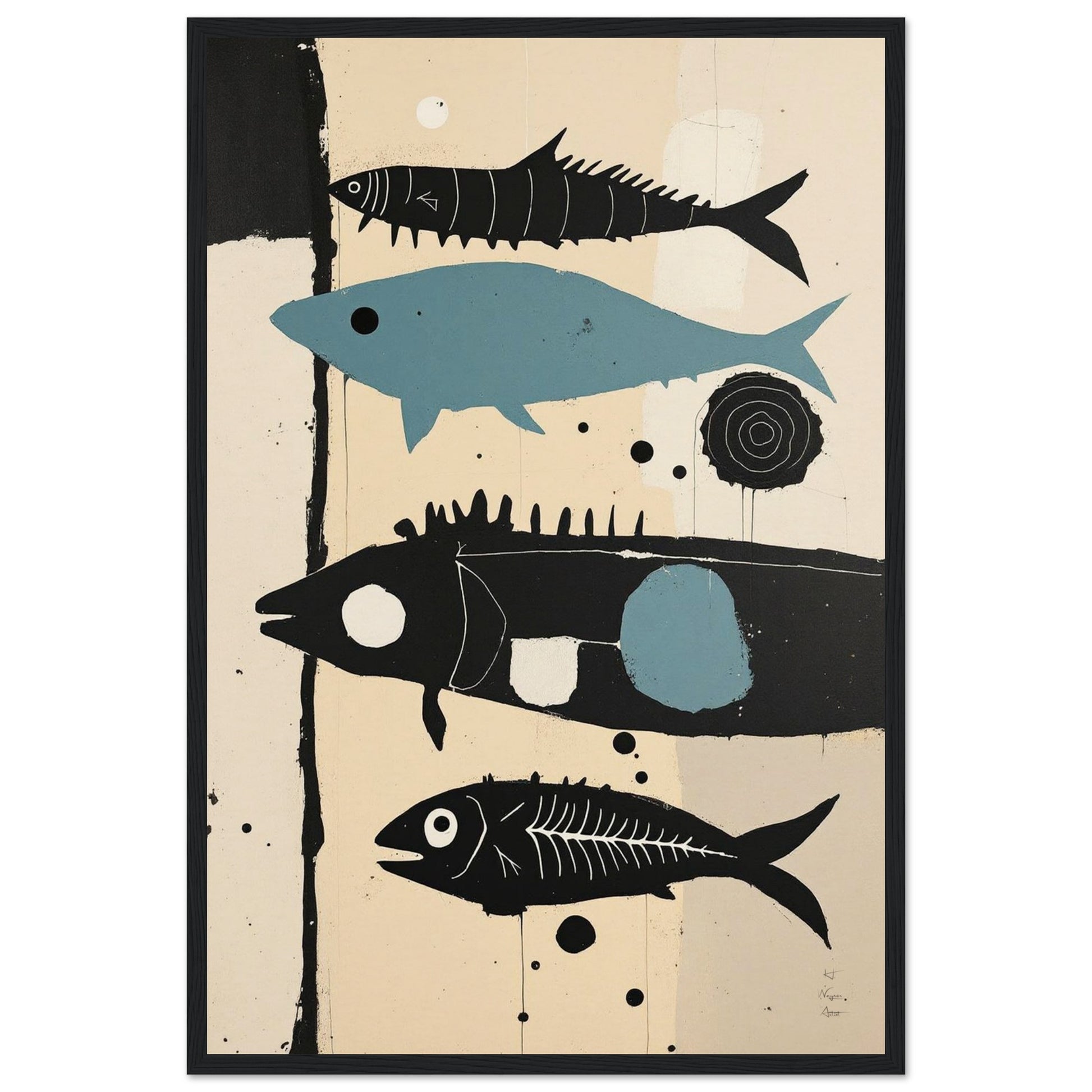Mid-Century Modern Fish Art Poster Print – Framed Abstract Neutral Wall Decor Black Wood Frame 40x60 cm 16x24″ Museum-Quality Matte Wooden Framed Poster