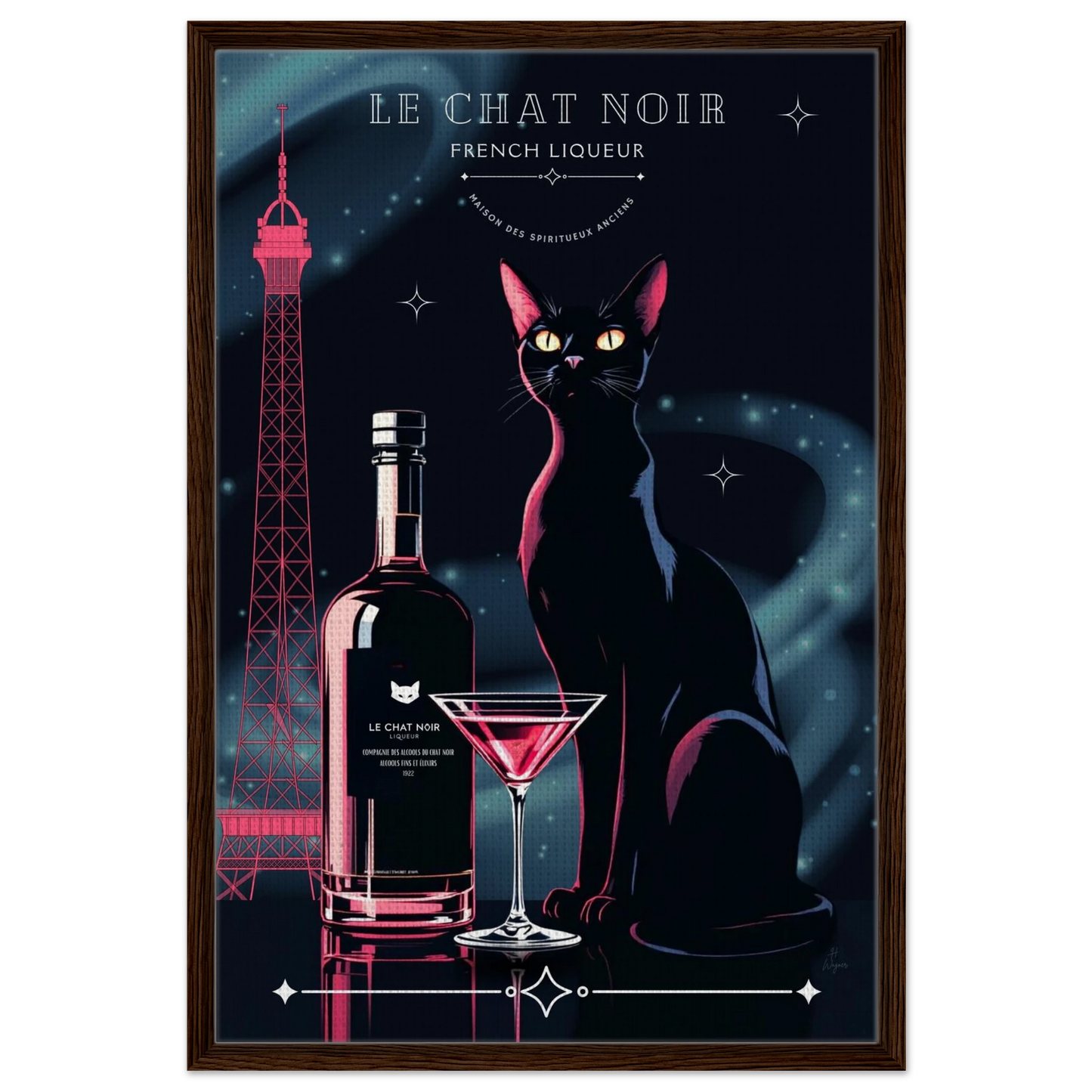 Art Deco Le Chat Noir French Black Cat Art Print 60x90 cm 24x36″ Framed Canvas Dark wood frame