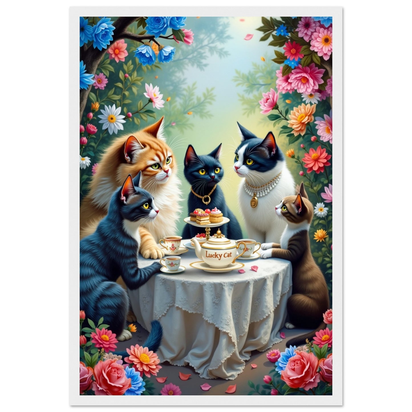Lucky Cat Garden Tea Party Kitchen Art Print White Wood Frame 30x45 cm 12x18″ Premium Matte Paper Wooden Framed Poster