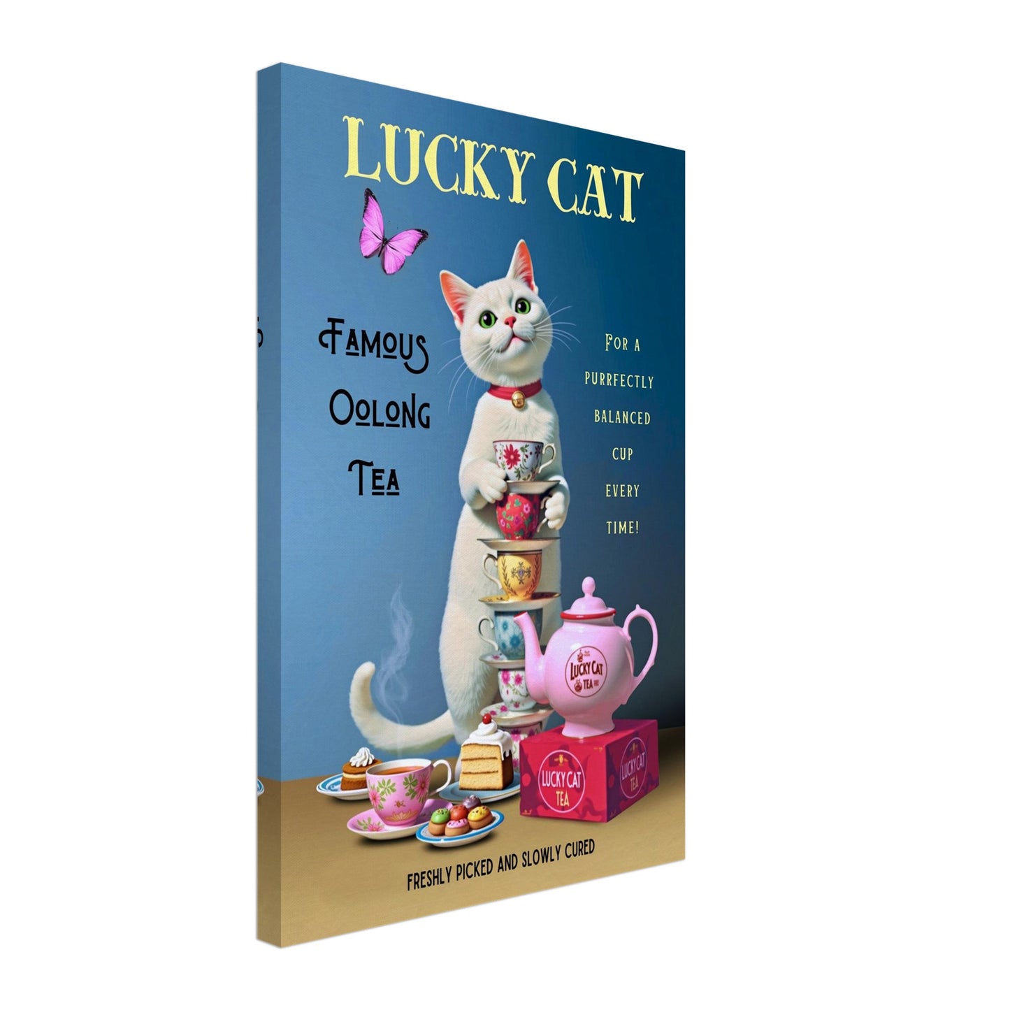 White Lucky Cat Tea Vintage Fine Art Print No Frame 40x60 cm 16x24″ Gallery Wrapped Canvas