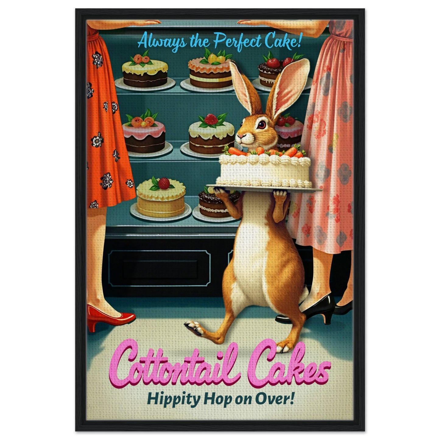 Cottontail Cakes 1950s Rabbit Art Print 60x90 cm 24x36″ Framed Canvas - Black Wood