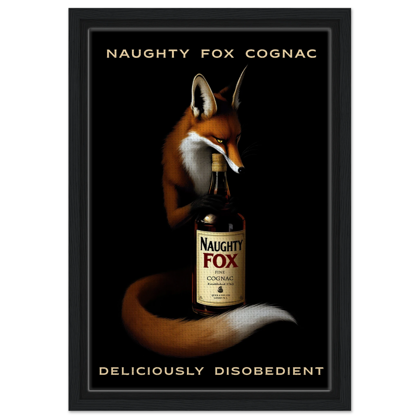 Fox Cognac Cocktail Bar Art Print Black Wood Frame 30x45 cm 12x18″ Framed Canvas