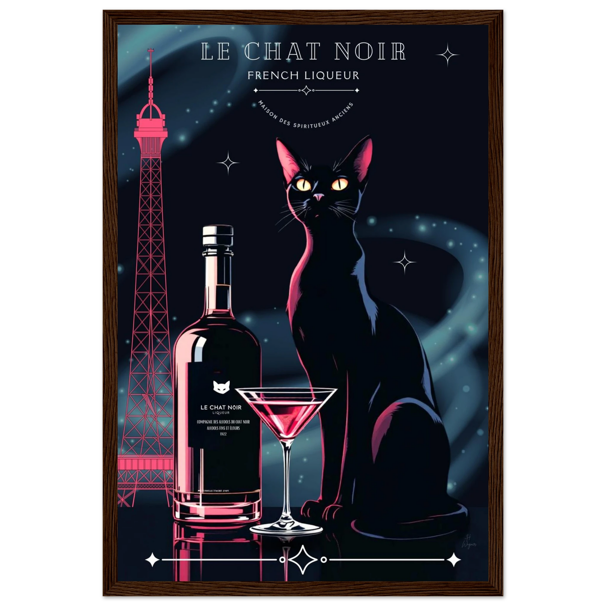 Art Deco Le Chat Noir French Black Cat Art Print 30x45 cm 12x18″ Classic Matte Paper Wooden Framed Poster Dark wood frame
