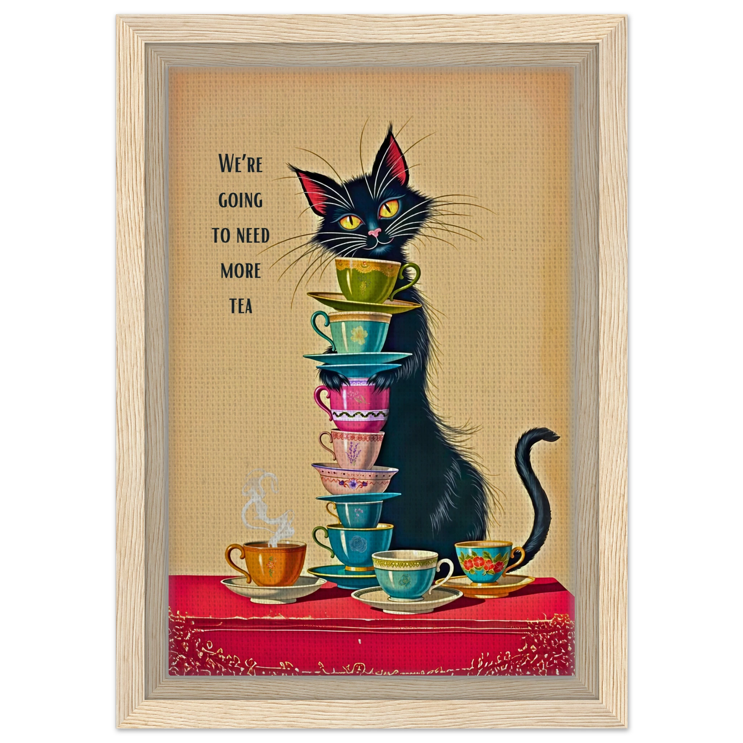 Quirky Cat Funny Tea Art Print 20x30 cm 8x12″ Framed Canvas Light Wood Frame