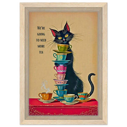 Quirky Cat Funny Tea Art Print 20x30 cm 8x12″ Framed Canvas Light Wood Frame