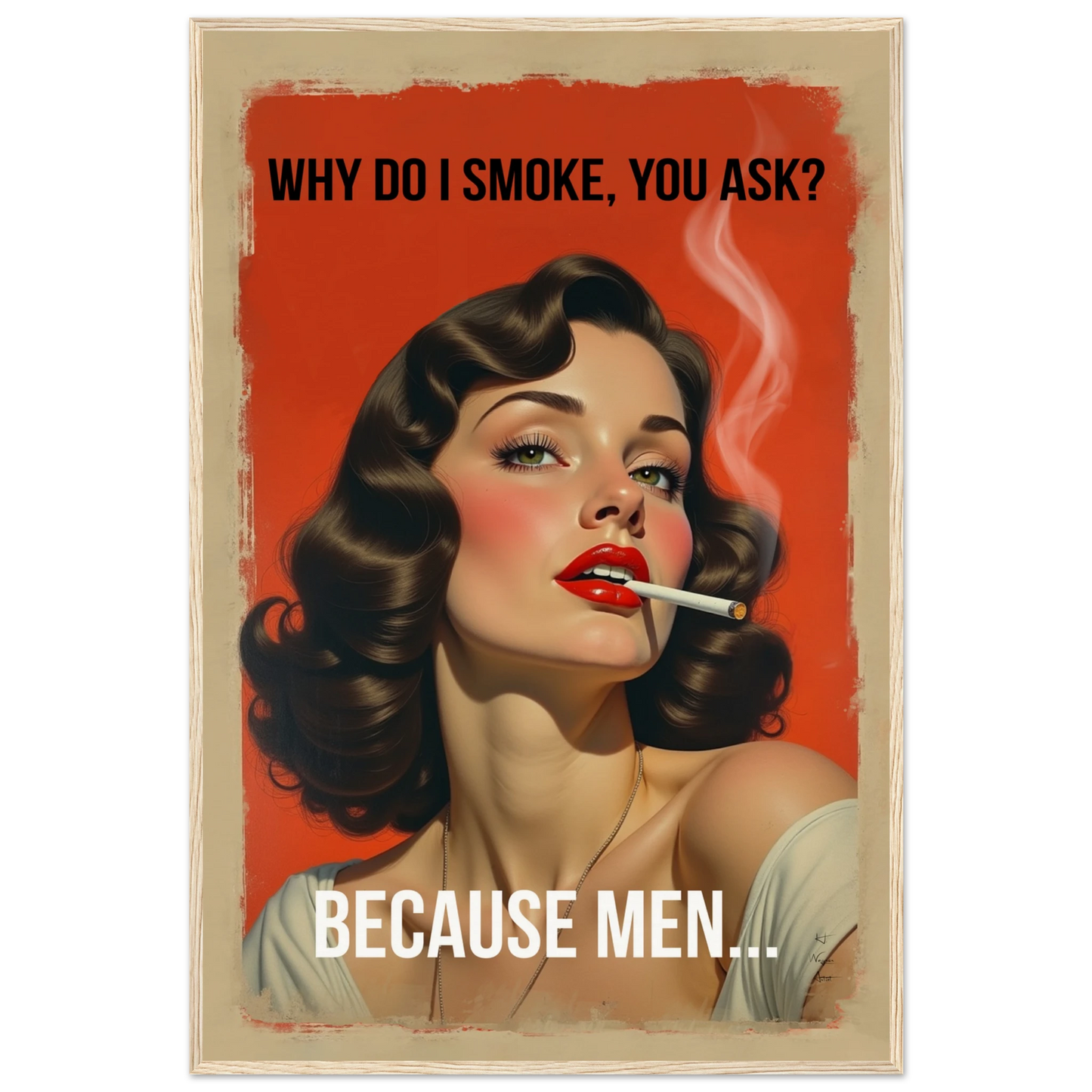 Retro Smoking Pin-Up Girl Art Print Light Wood Frame 60x90 cm 24x36″ Museum-Quality Matte Paper Wooden Framed Poster