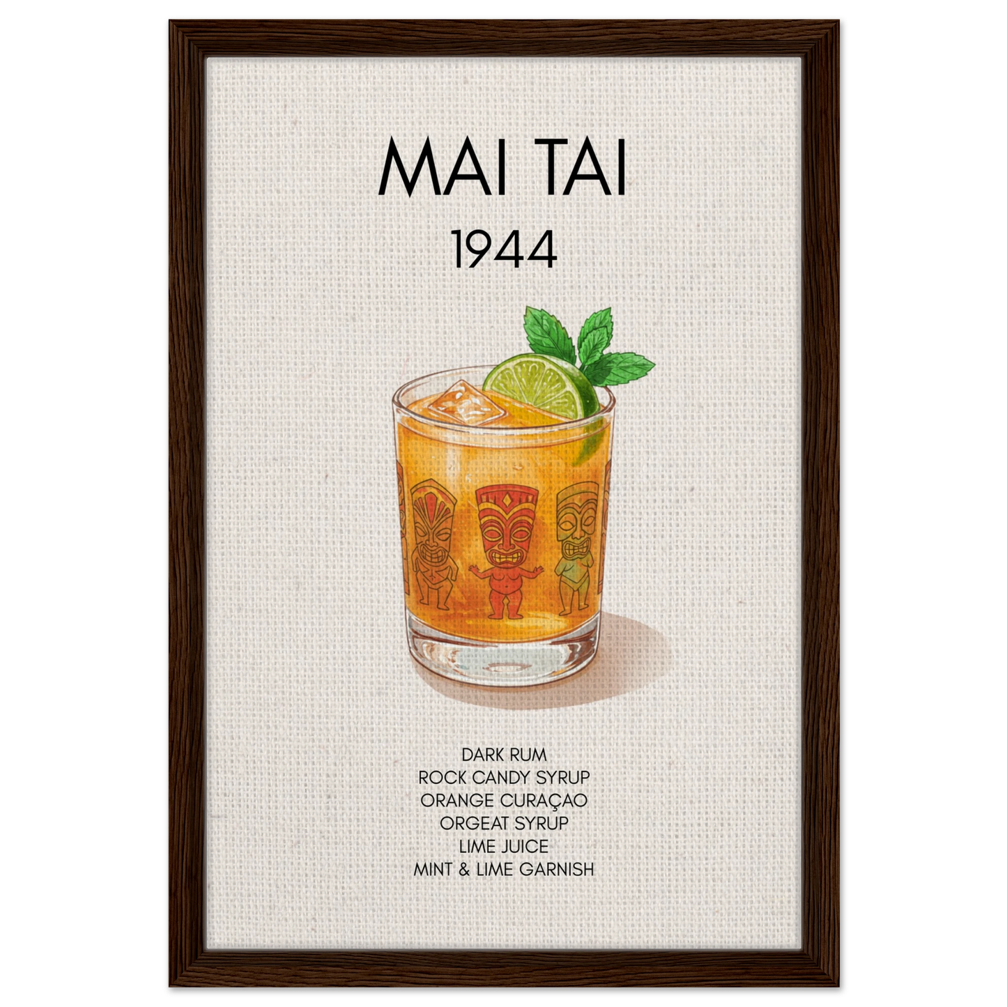 Mai Tai Tropical Cocktail Bar Poster Print Dark Brown Wood Frame 40x60 cm 16x24″ Framed Canvas