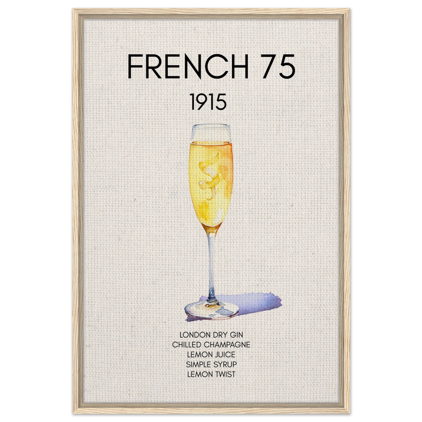 French 75 Cocktail Art Print Light Wood Frame 60x90 cm 24x36″ Framed Canvas