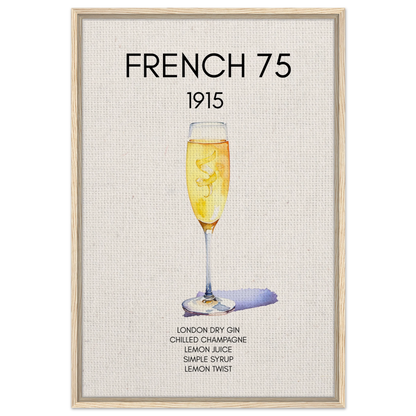 French 75 Cocktail Art Print Light Wood Frame 60x90 cm 24x36″ Framed Canvas