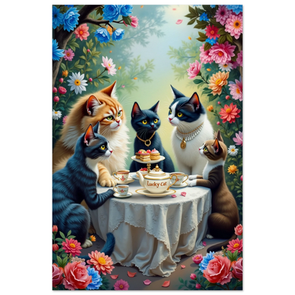 Lucky Cat Tea Party Botanical Art Print 60x90 cm 24x36″ Museum-Quality Matte Paper Poster No Frame