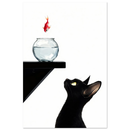 Curious Black Cat Goldfish Minimalist Art Print 40x60 cm 16x24″ Framed Canvas - Black Wood