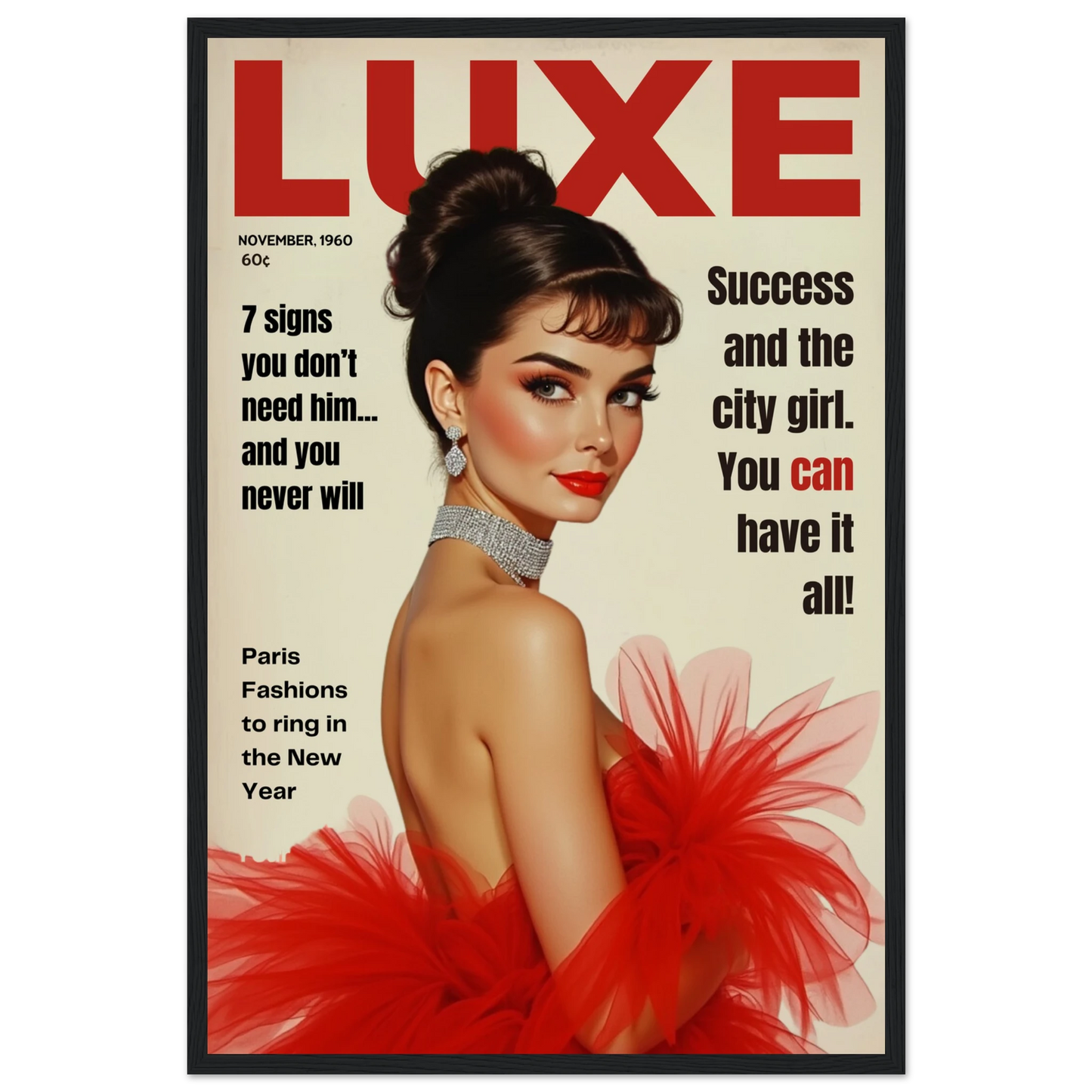 Audrey Hepburn Vintage Fashion Art Print Black Wood Frame 40x60 cm 16x24″ Premium Matte Paper Wooden Framed Poster